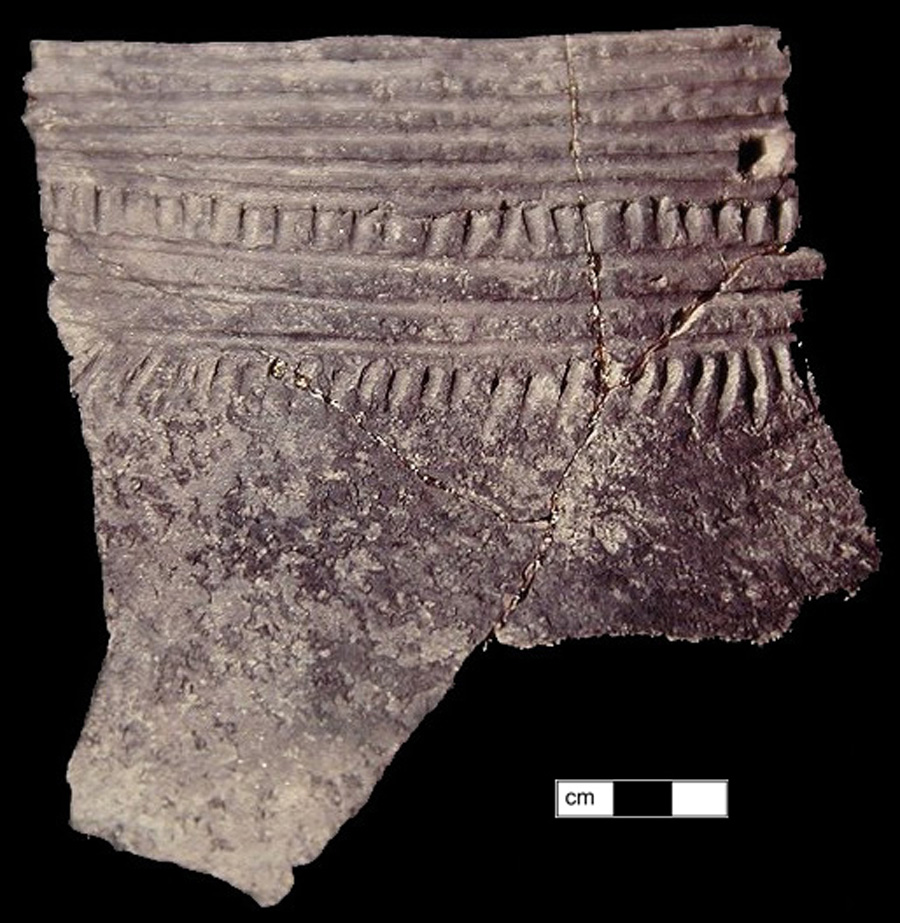 Image of ceramic, Shell Tempered Mended Body/Rim with Fabric-Impressed Surface Treatment, Townsend type, Incised