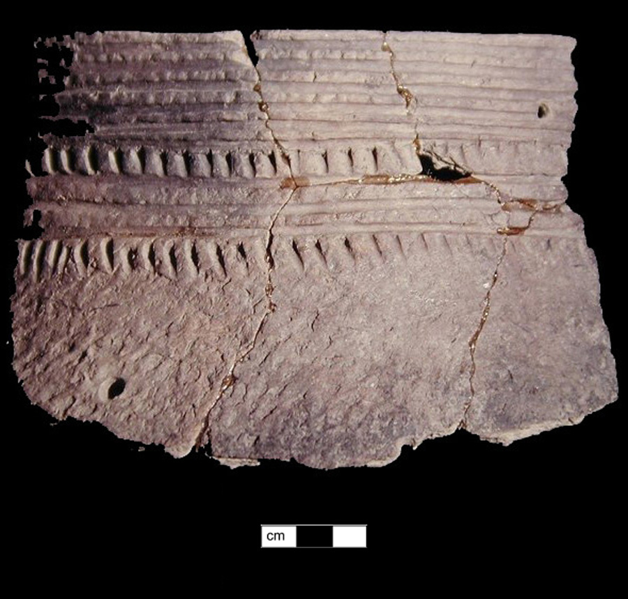 Image of ceramic, Shell Tempered Mended Body/Rim with Fabric-Impressed Surface Treatment, Townsend type, Incised