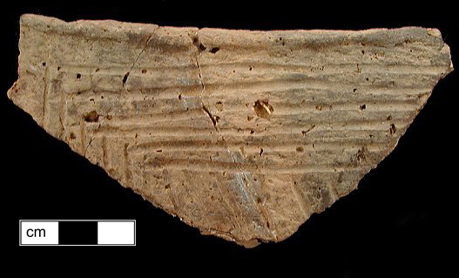 Image of ceramic, Shell Tempered Mended Rim with Fabric-Impressed/Smoothed Surface Treatment, Townsend type, Incised