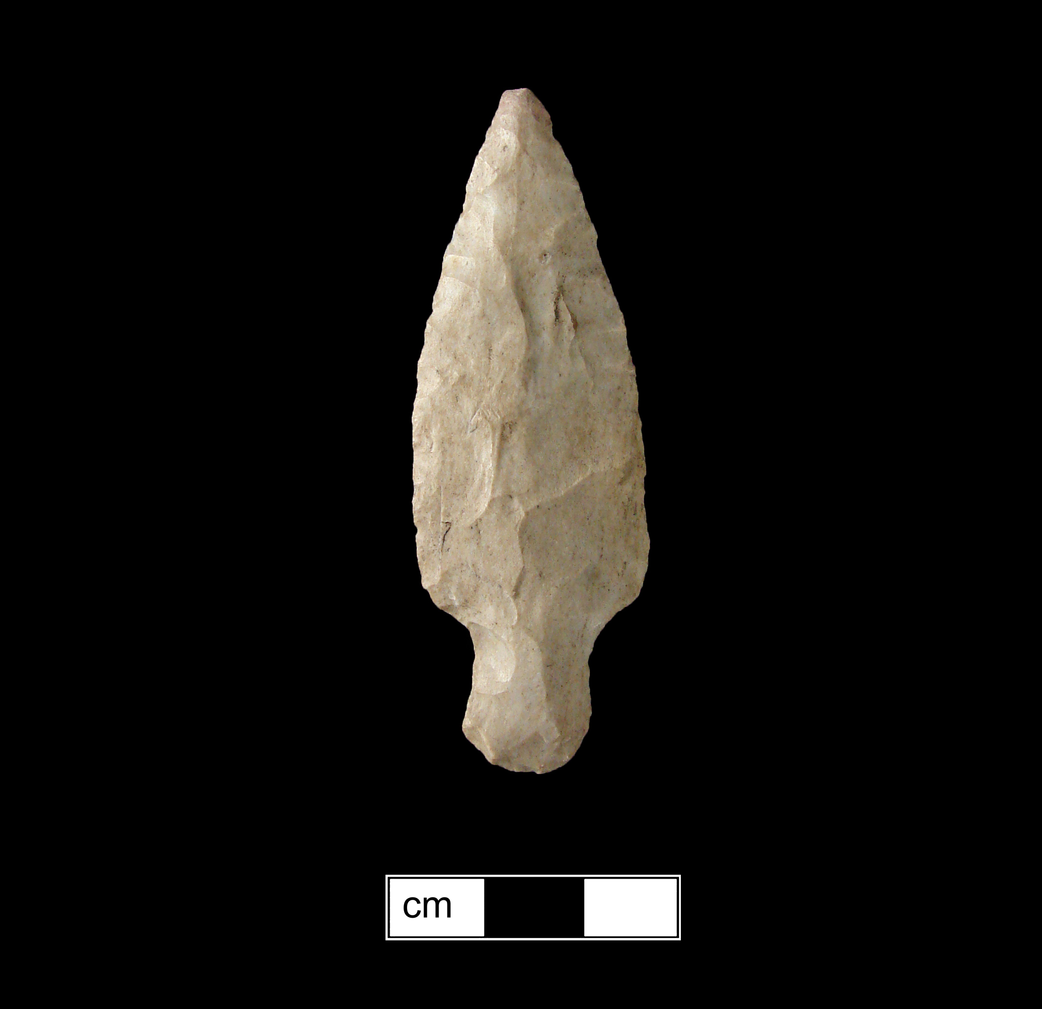 Image of stone projectile point made of Chert, Stemmed shape, with a Expanding stem, Excurvate blade, and Convex base shape. Adena type.