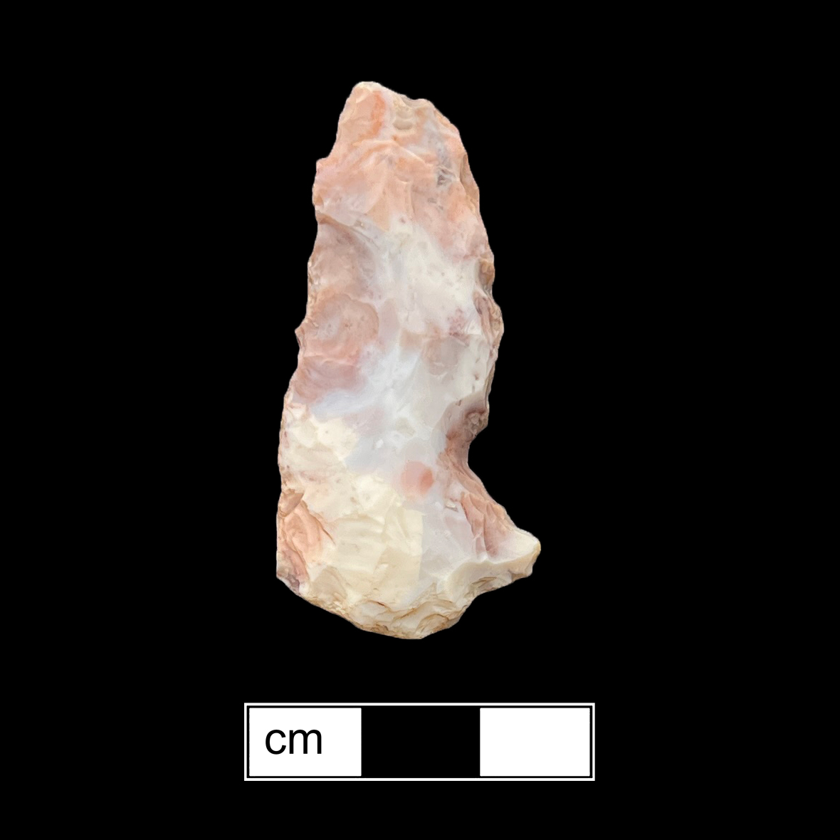 Image of stone projectile point made of Chert, Stemmed shape, with a Expanding stem, Excurvate blade, and Convex base shape. Adena type.