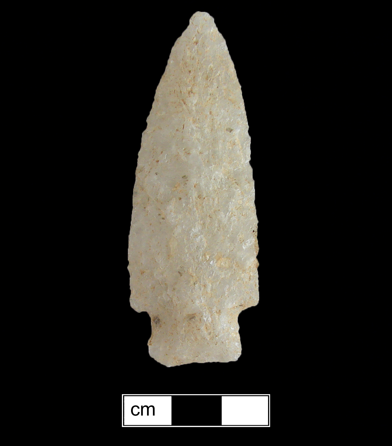 Image of stone projectile point made of Quartz, Stemmed shape, with a Straight stem, Excurvate blade, and Straight base shape. Bare Island type.