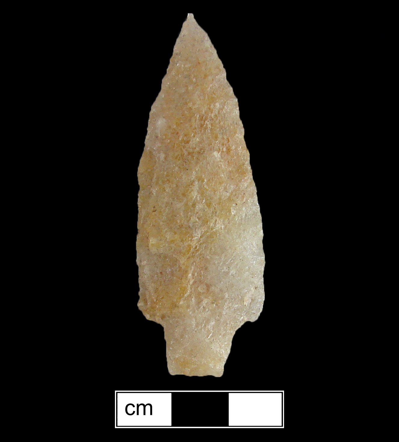 Image of stone projectile point made of Quartzite, Stemmed shape, with a Straight stem, Excurvate blade, and Straight base shape. Bare Island type.