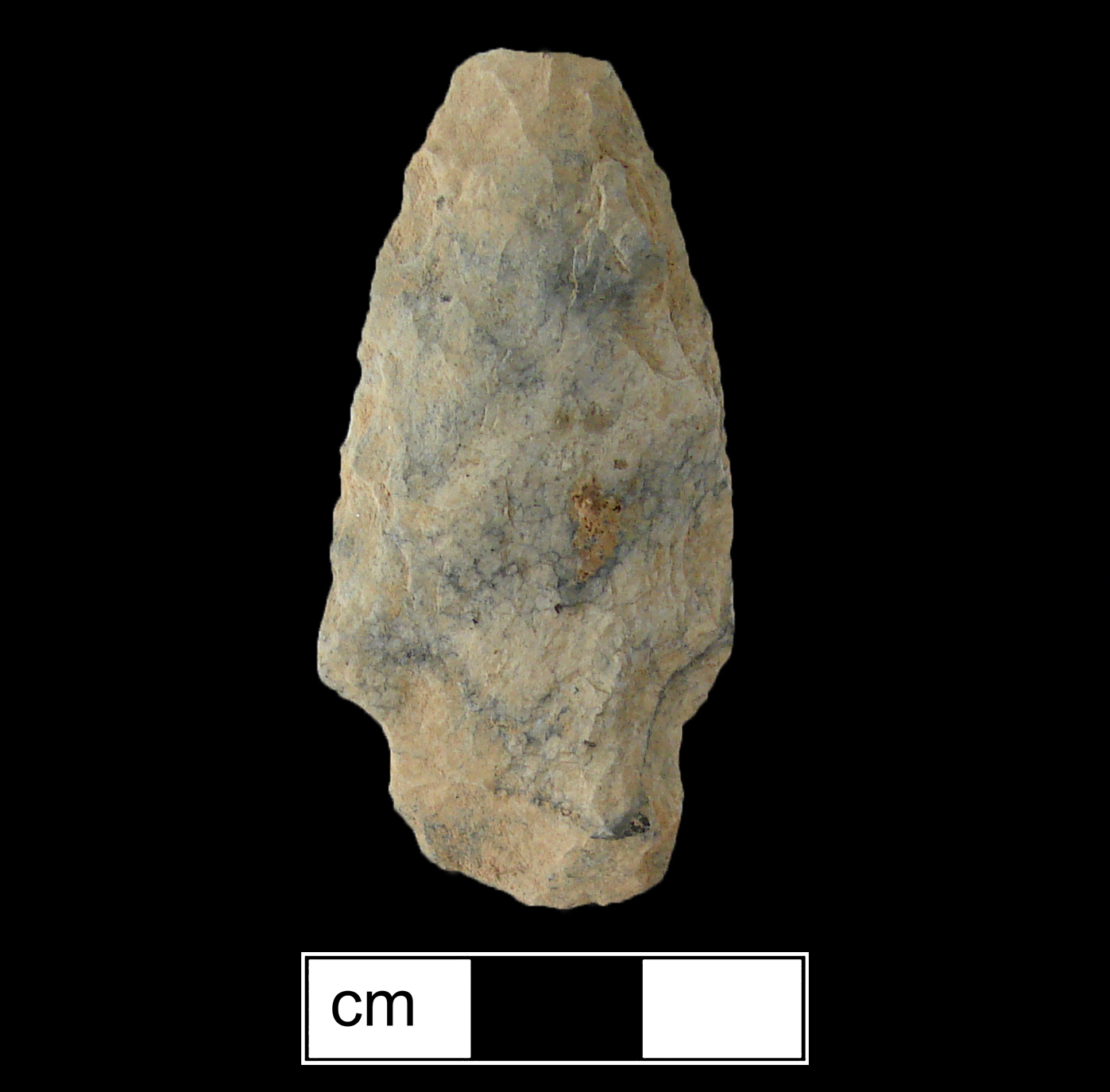 Image of stone projectile point made of Rhyolite, Stemmed shape, with a Straight stem, Excurvate blade, and Convex base shape. Bare Island type.