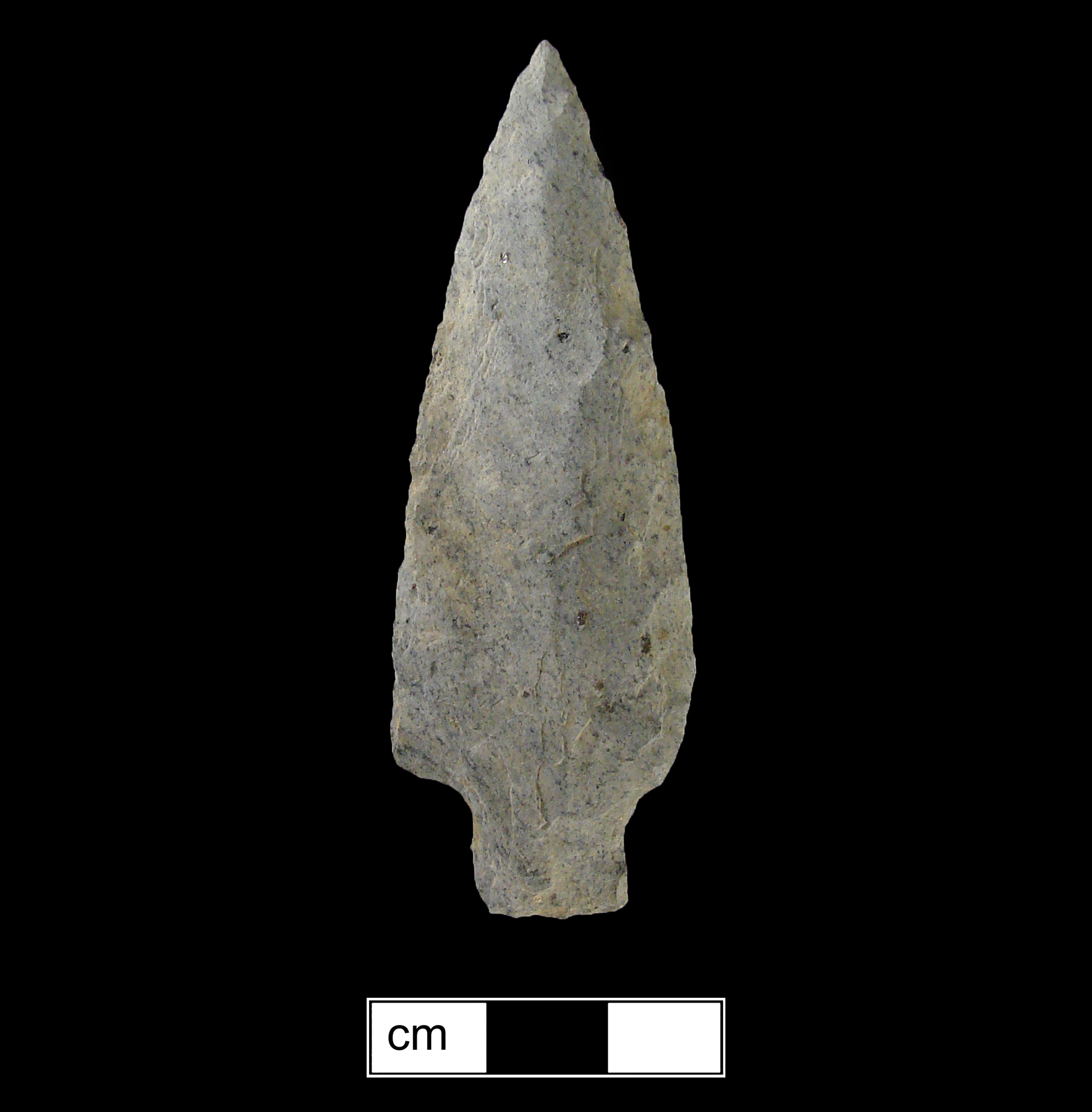 Image of stone projectile point made of Rhyolite, Stemmed shape, with a Straight stem, Excurvate blade, and Straight base shape. Bare Island type.