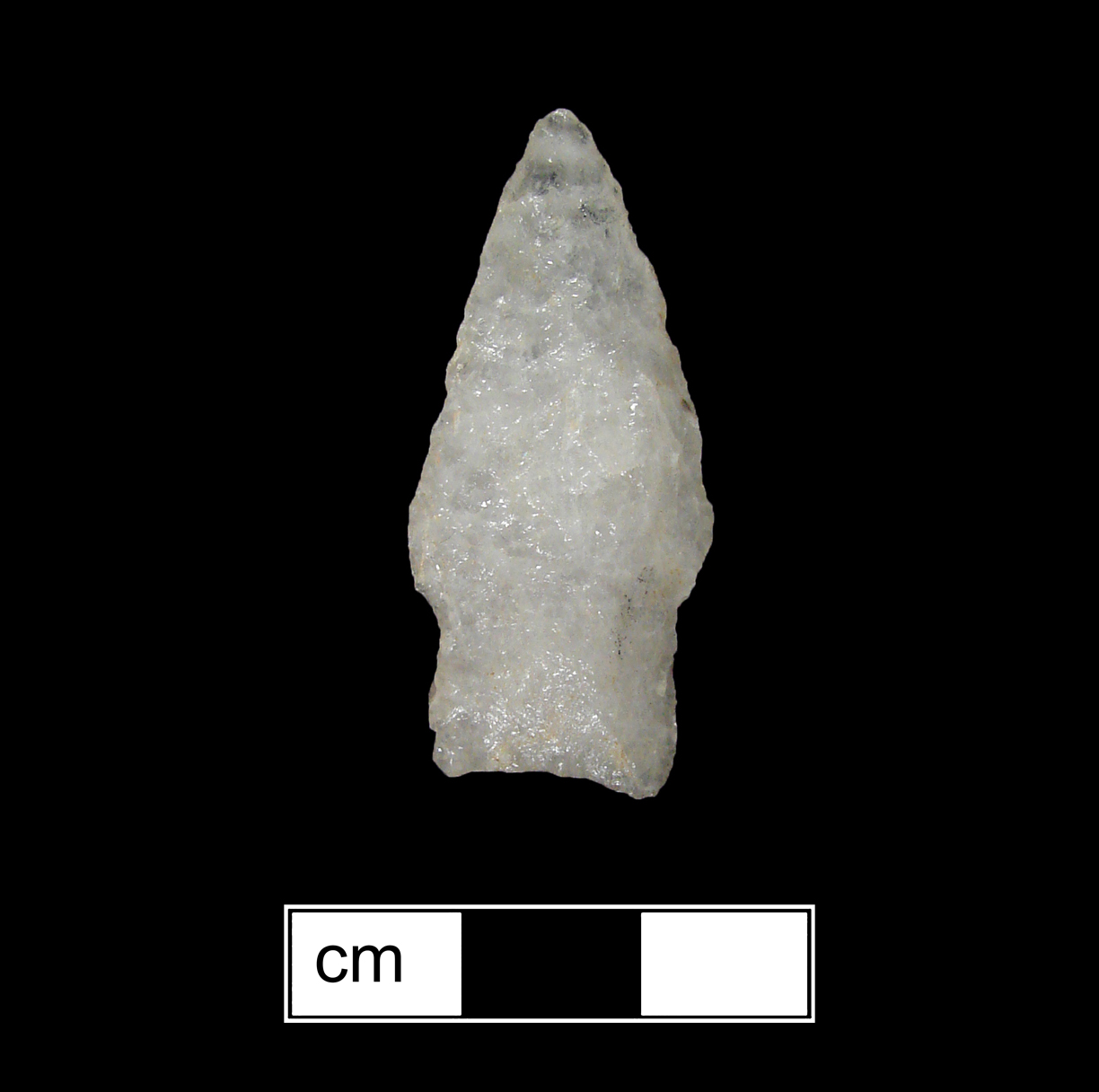 Image of stone projectile point made of Quartz, Stemmed shape, with a Straight stem, Straight blade, and Concave base shape. Bare Island type.