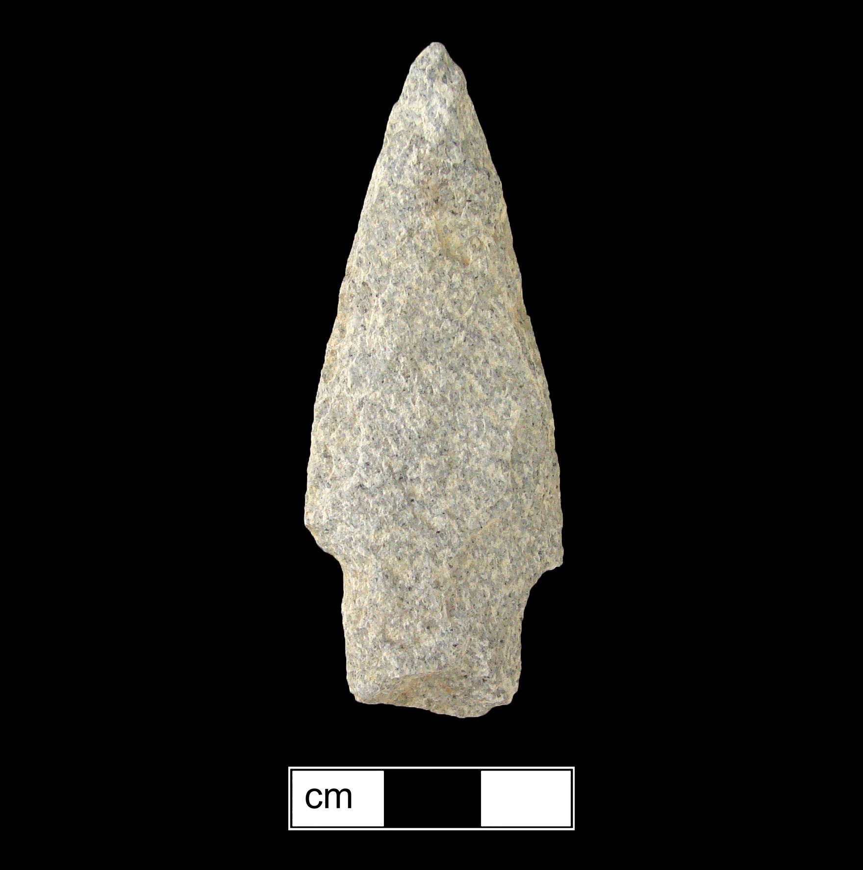 Image of stone projectile point made of Quartzite, Stemmed shape, with a Straight stem, Straight blade, and Straight base shape. Bare Island type.