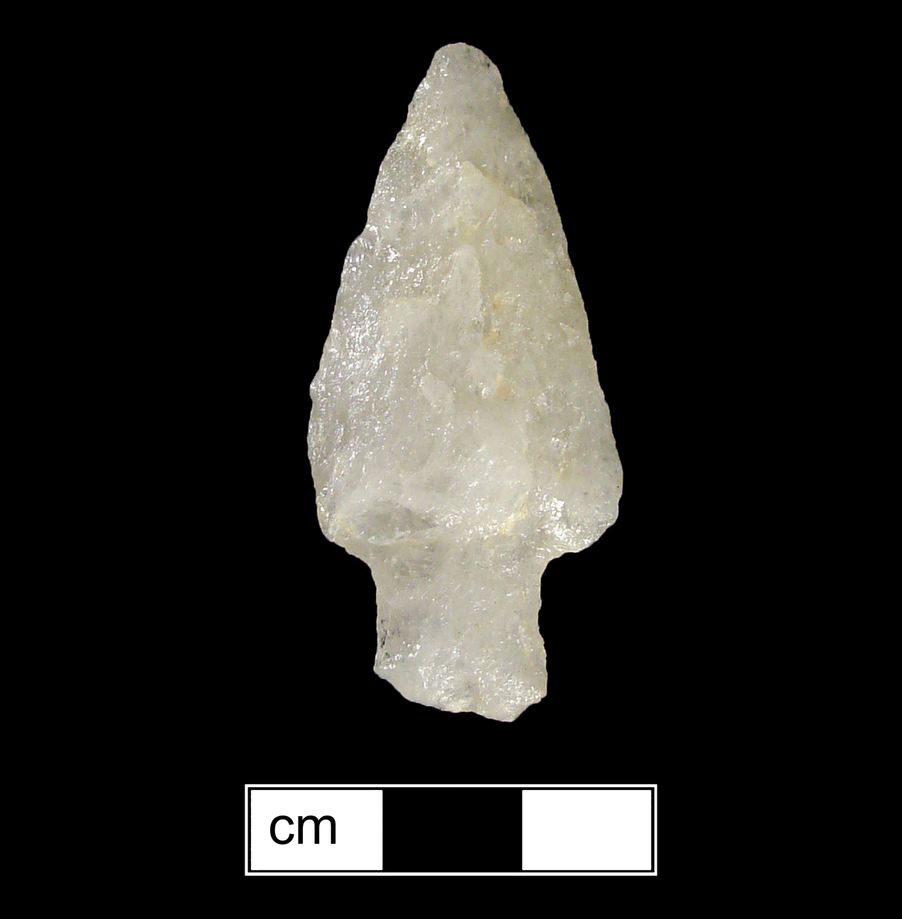 Image of stone projectile point made of Quartz, Stemmed shape, with a Straight stem, Straight blade, and Straight base shape. Bare Island type.