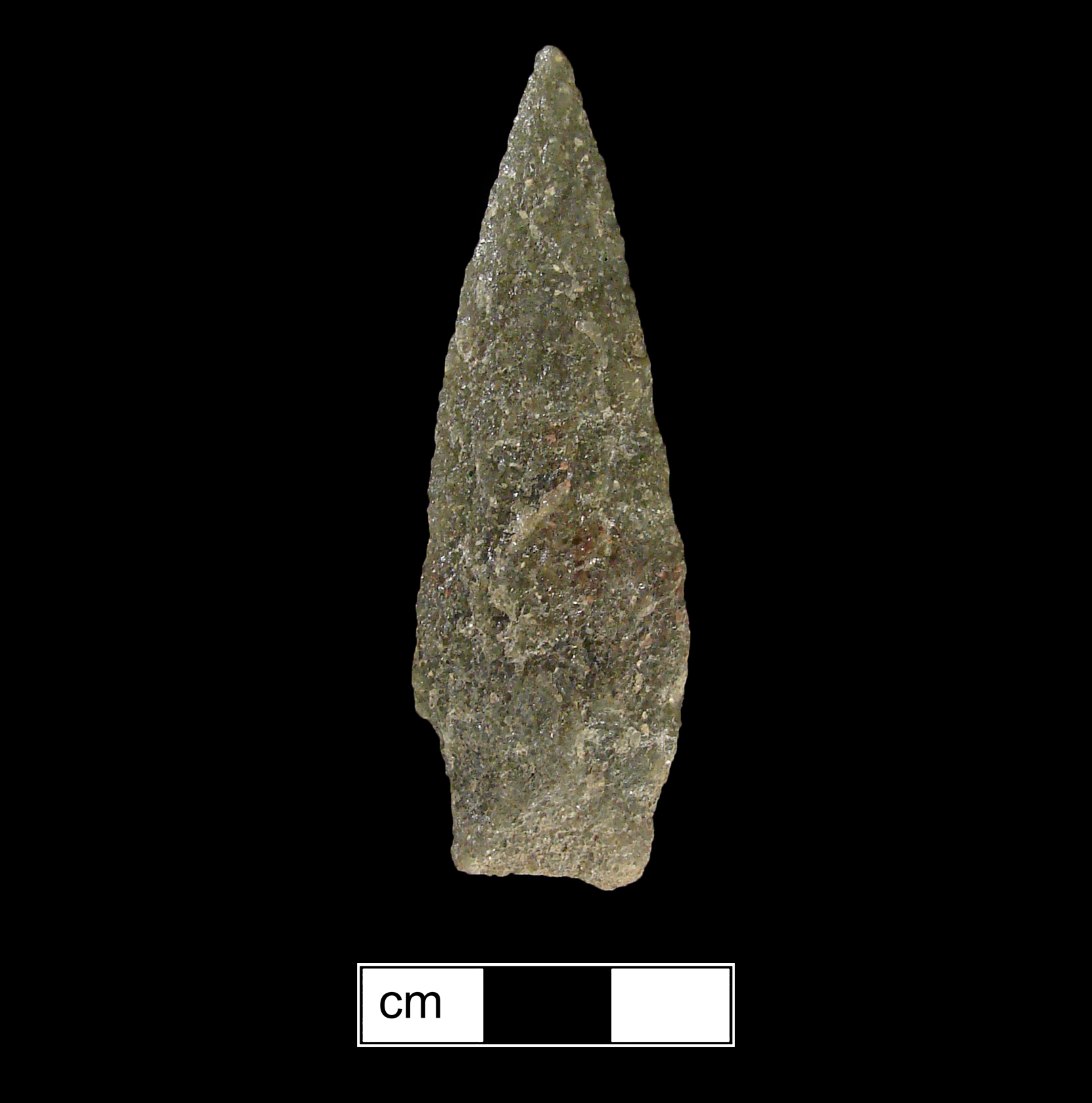 Image of stone projectile point made of Quartzite, Stemmed shape, with a Straight stem, Excurvate blade, and Straight base shape. Bare Island type.
