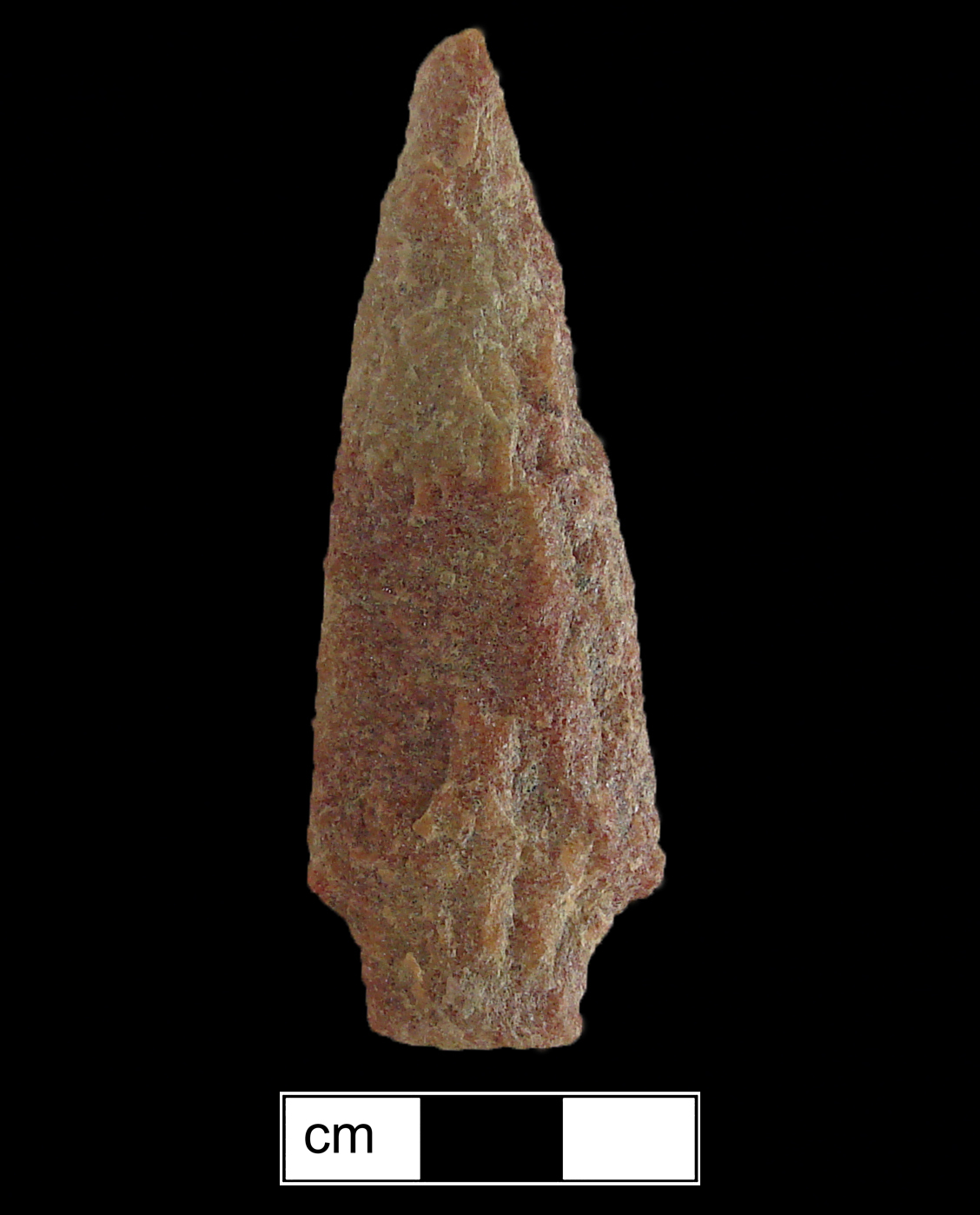 Image of stone projectile point made of Quartzite, Stemmed shape, with a Straight stem, Straight blade, and Straight base shape. Bare Island type.
