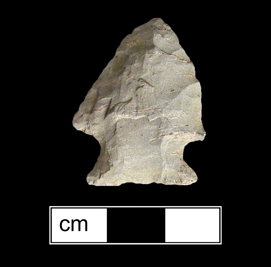 Image of stone projectile point made of Rhyolite, Corner-Notched shape, with a Expanding stem, Excurvate blade, and Straight base shape. Brewerton Corner Notched type.