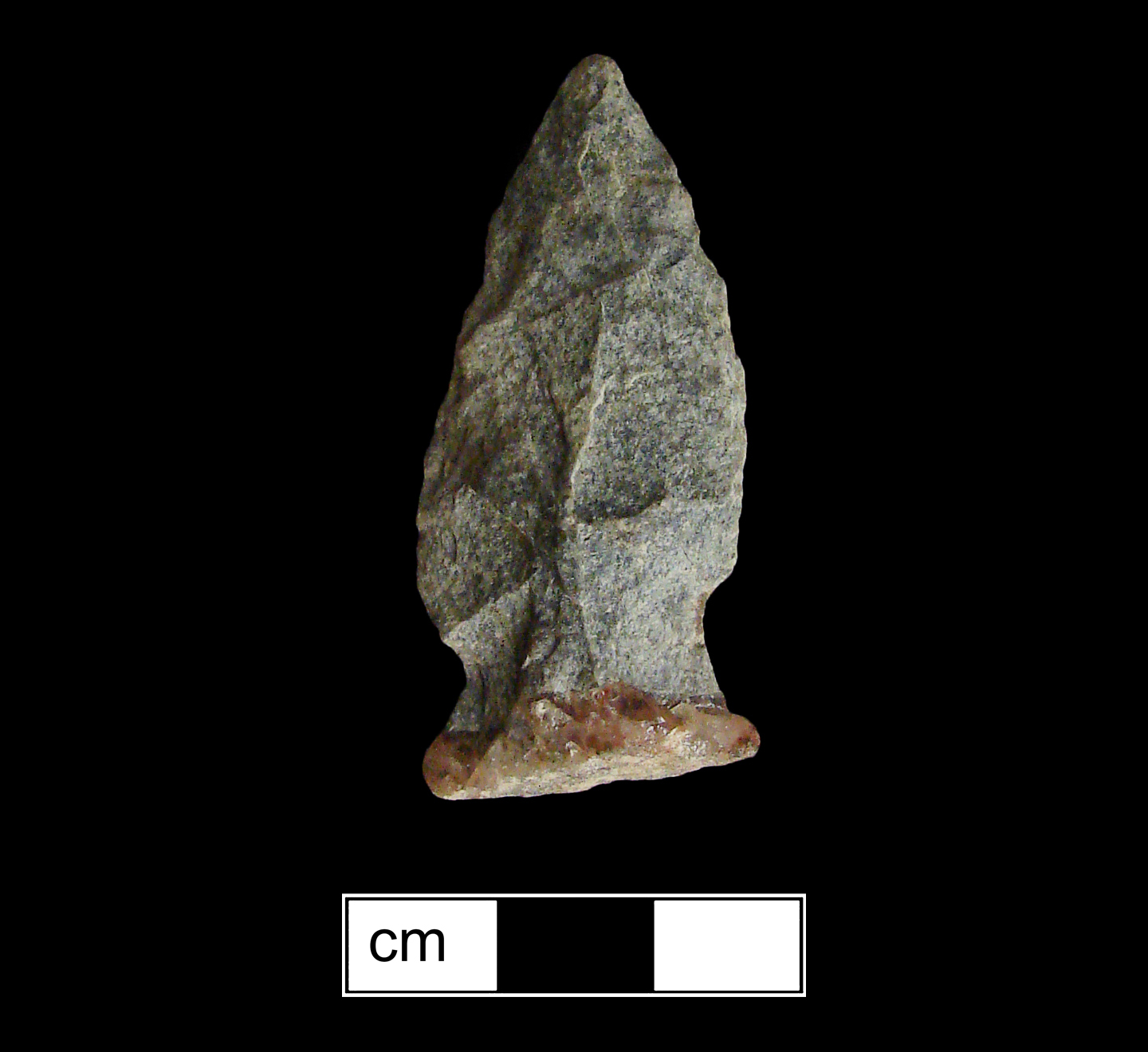 Image of stone projectile point made of Rhyolite, Side-Notched shape, with a Expanding stem, Excurvate blade, and Straight base shape. Brewerton Corner Notched type.