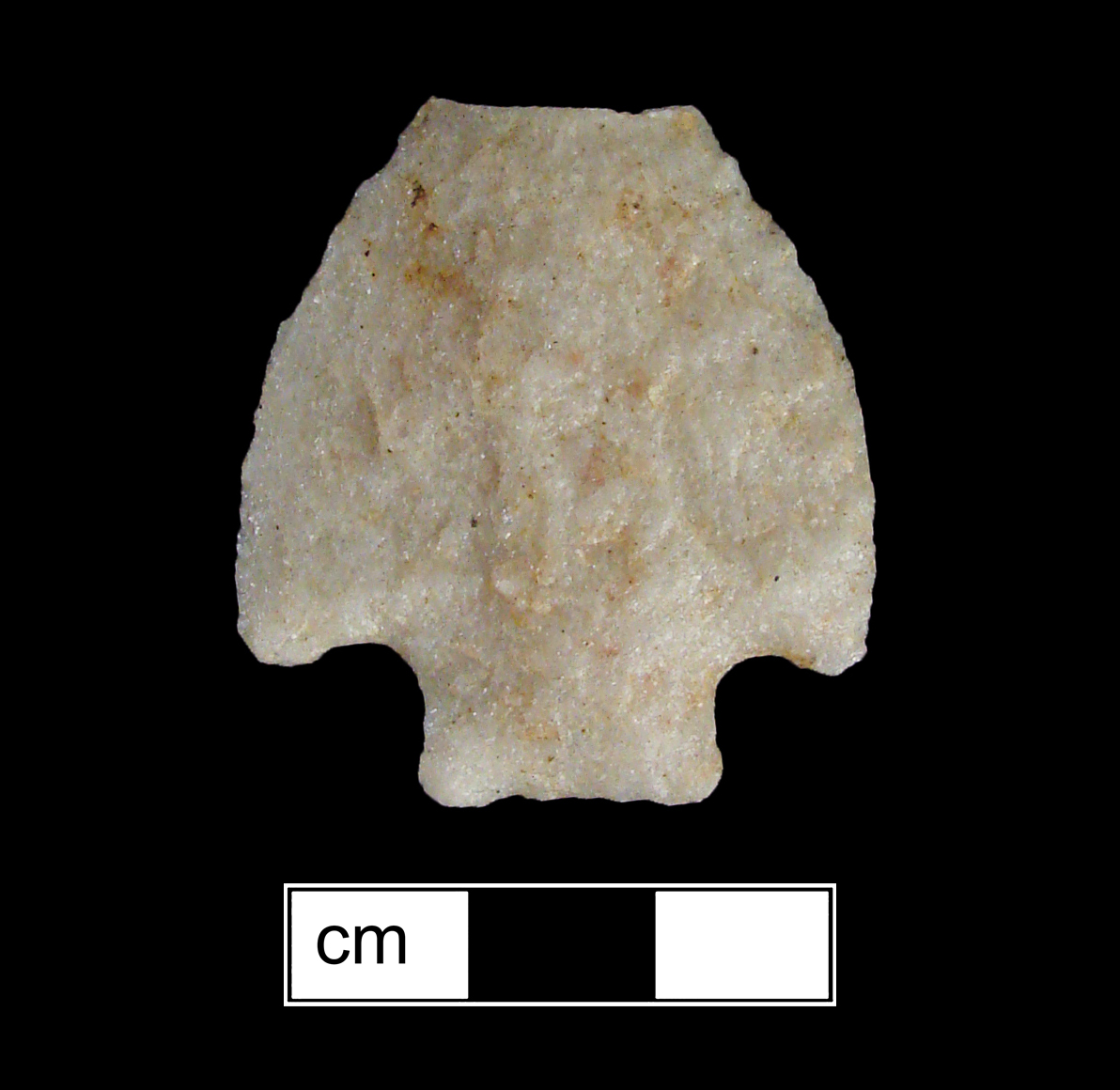Image of stone projectile point made of Quartzite, Corner-Notched shape, with a Straight stem, Excurvate blade, and Straight base shape. Brewerton Corner Notched type.