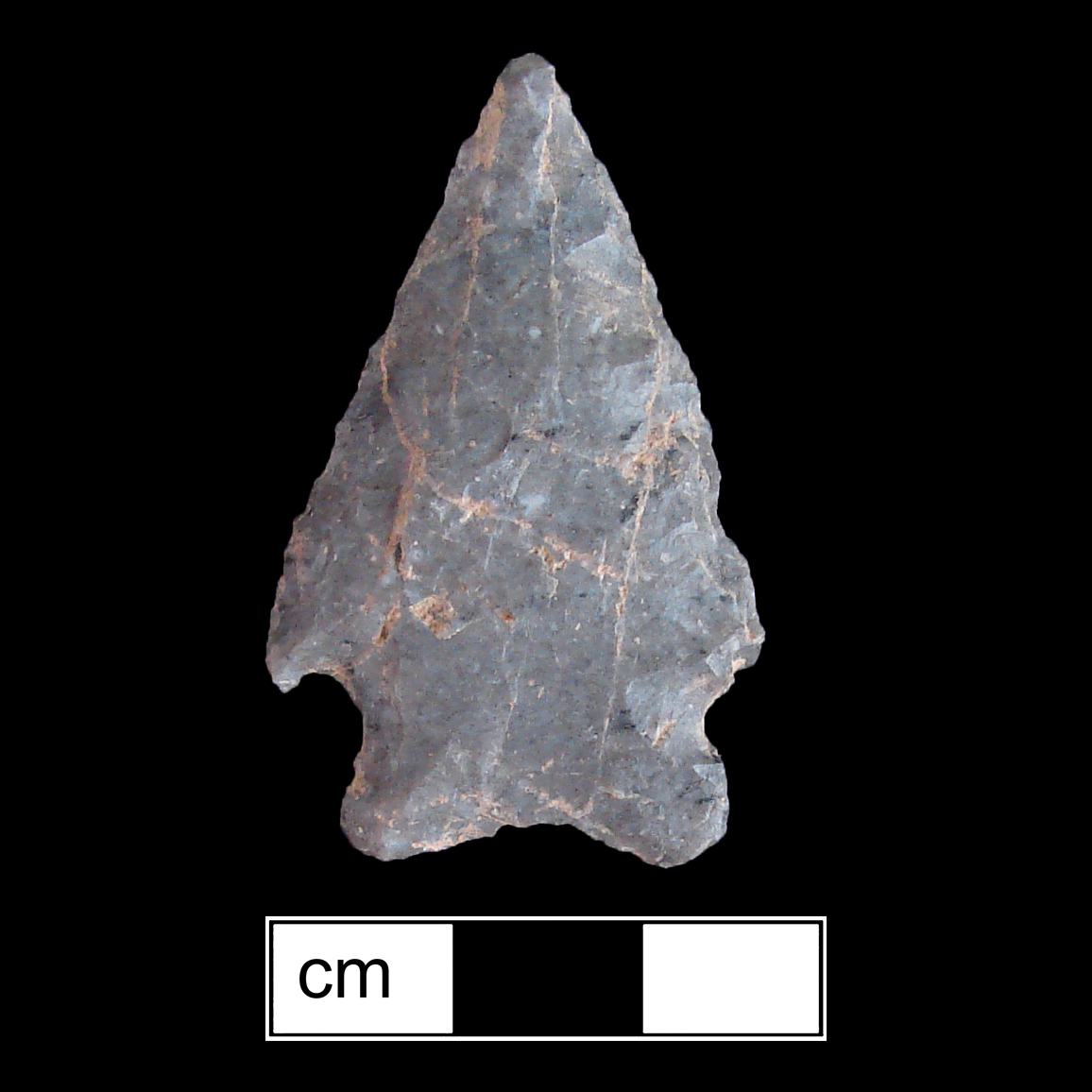 Image of stone projectile point made of Chert, Corner-Notched shape, with a Expanding stem, Straight blade, and Concave base shape. Brewerton Corner Notched type.
