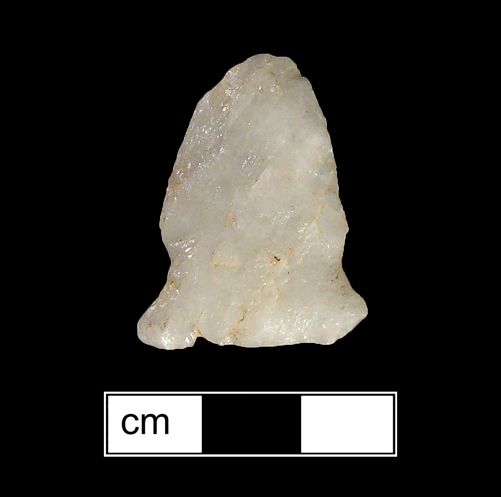 Image of stone projectile point made of Quartz, Side-Notched shape, with a Expanding stem, Excurvate blade, and Straight base shape. Brewerton Eared Notched type.