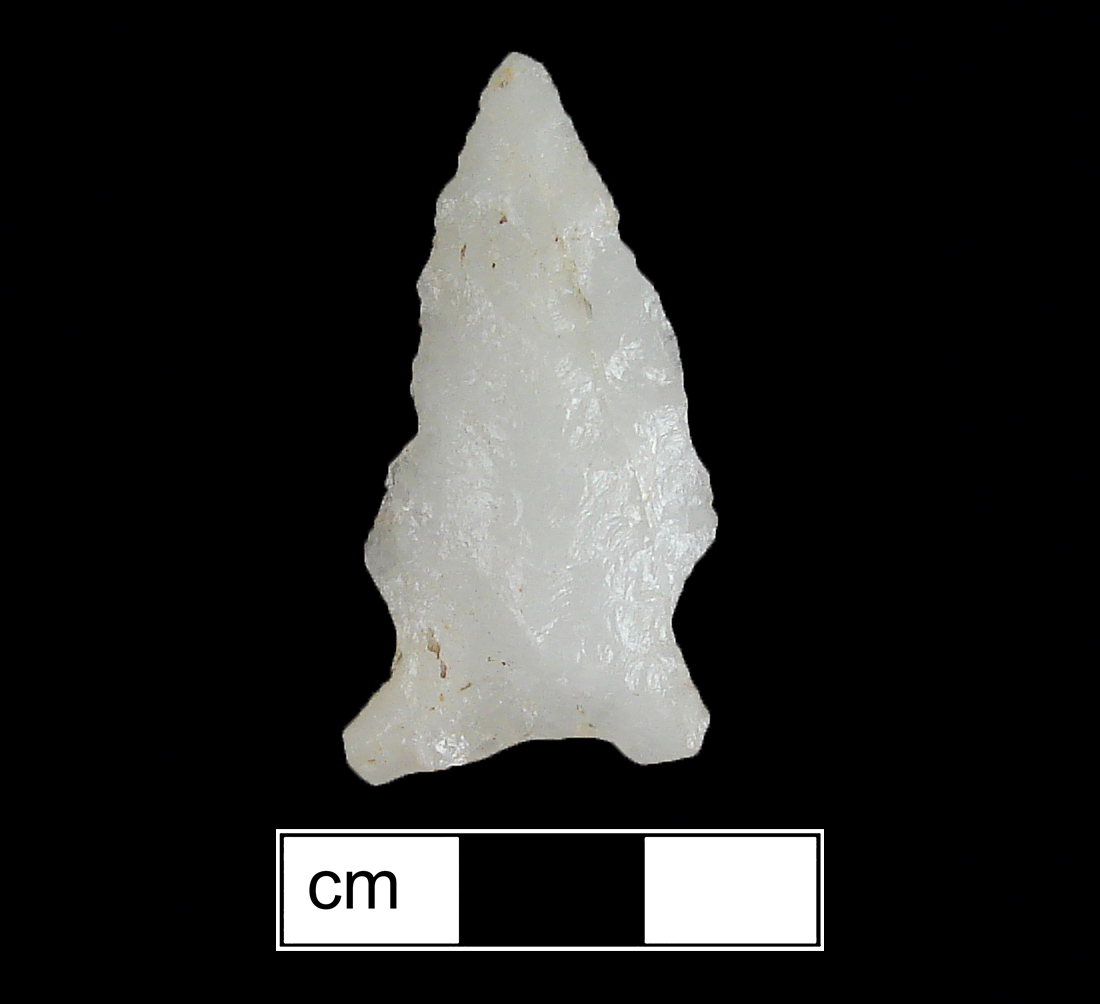 Image of stone projectile point made of Quartz, Side-Notched shape, with a Expanding stem, Straight blade, and Concave base shape. Brewerton Eared Notched type.