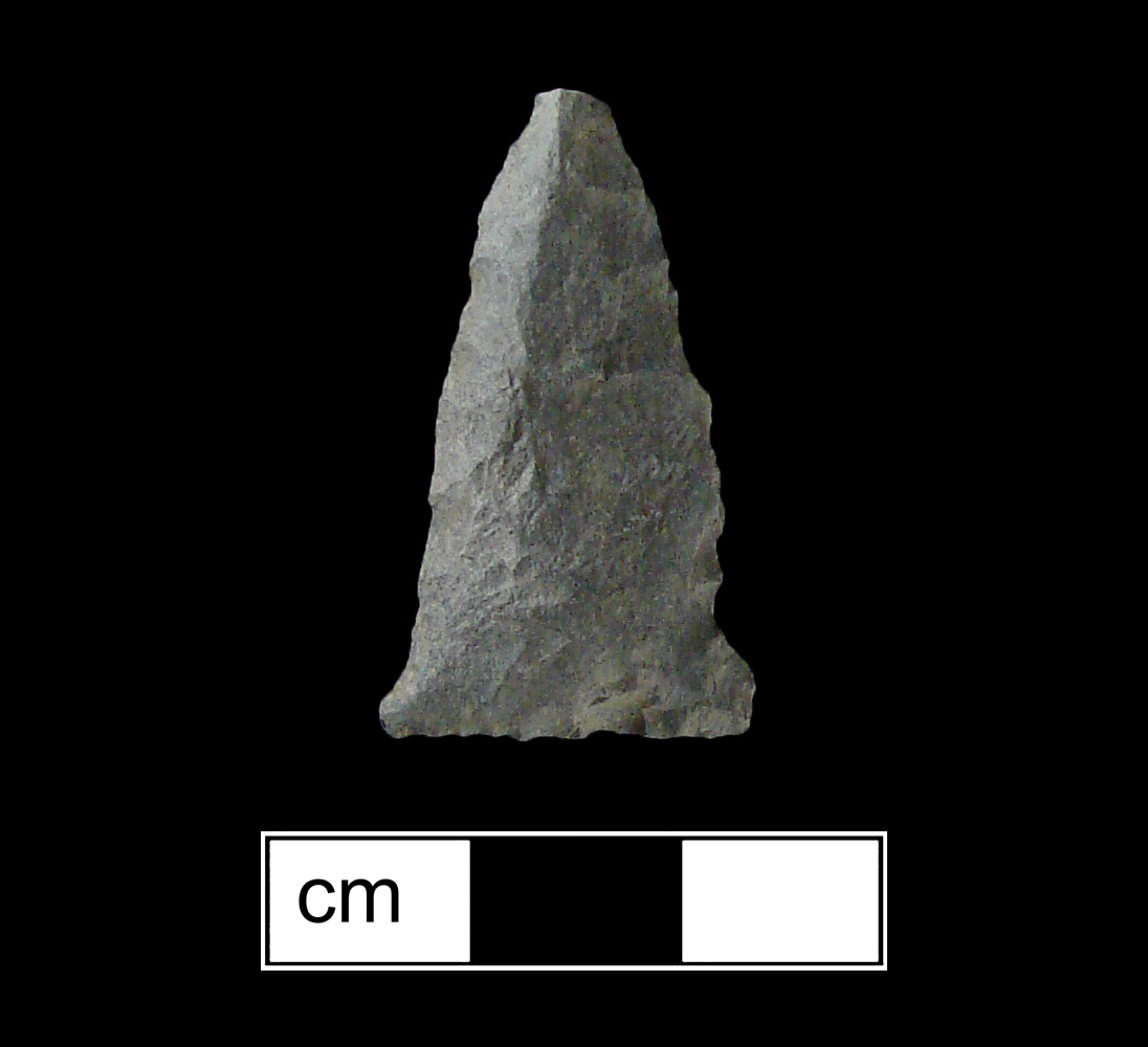 Image of stone projectile point made of Rhyolite, Triangular shape, with a N/A stem, Straight blade, and Straight base shape. Brewerton Eared Triangle type.