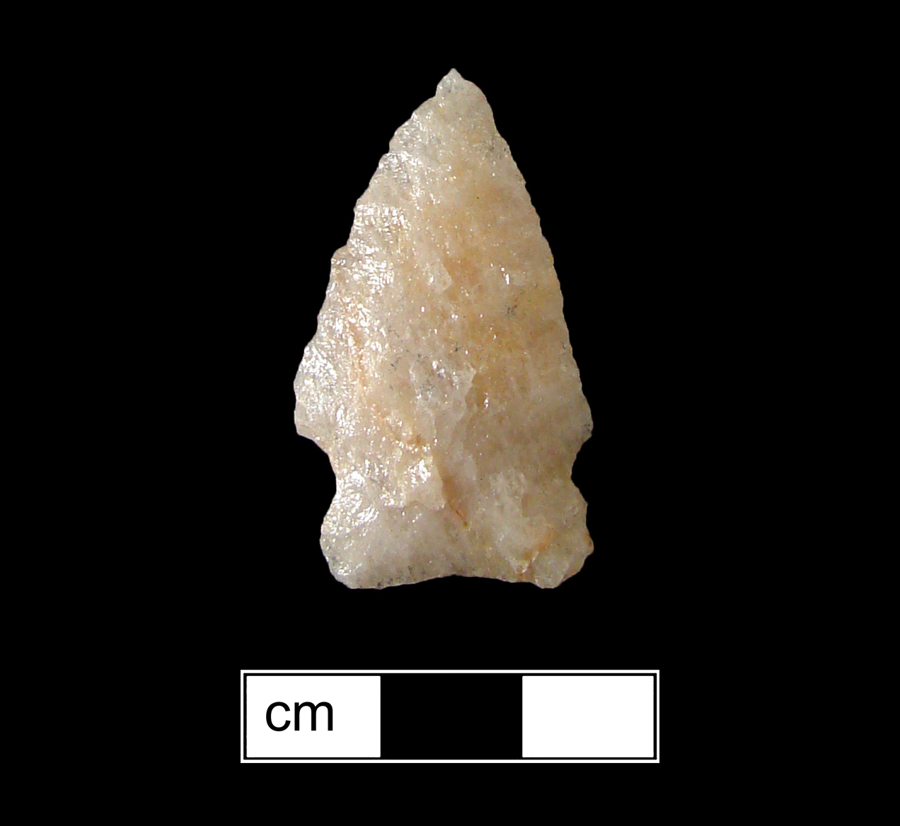 Image of stone projectile point made of Quartz, Side-Notched shape, with a Expanding stem, Straight blade, and Concave base shape. Brewerton Side Notched type.