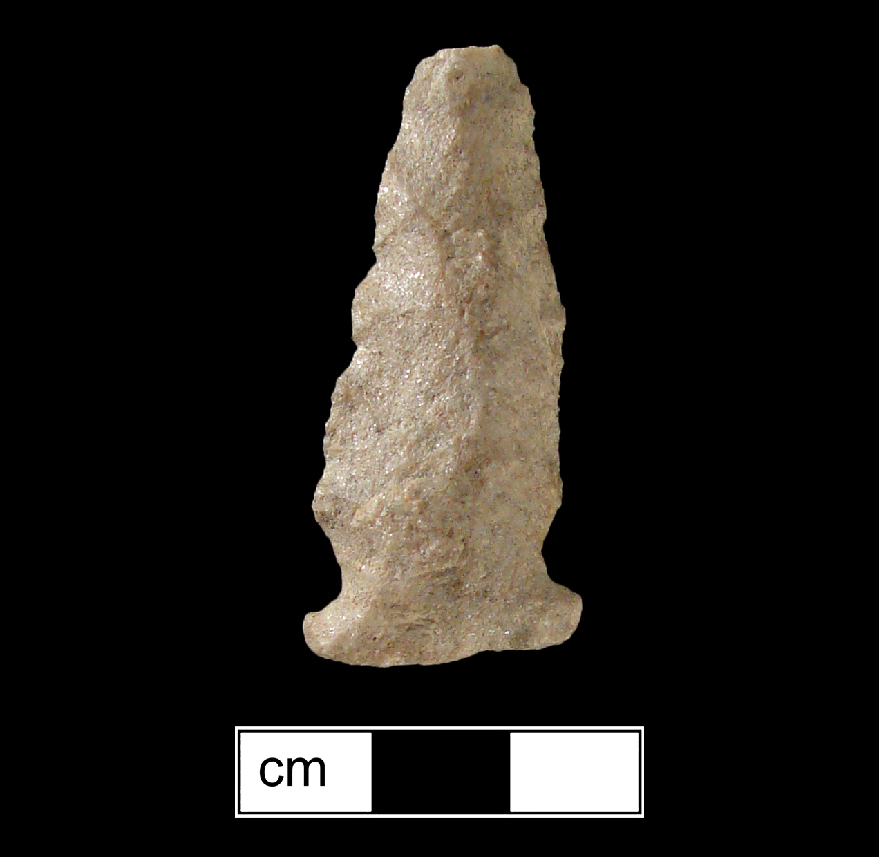 Image of stone projectile point made of Quartzite, Side-Notched shape, with a Expanding stem, Straight blade, and Straight base shape. Brewerton Side Notched type.