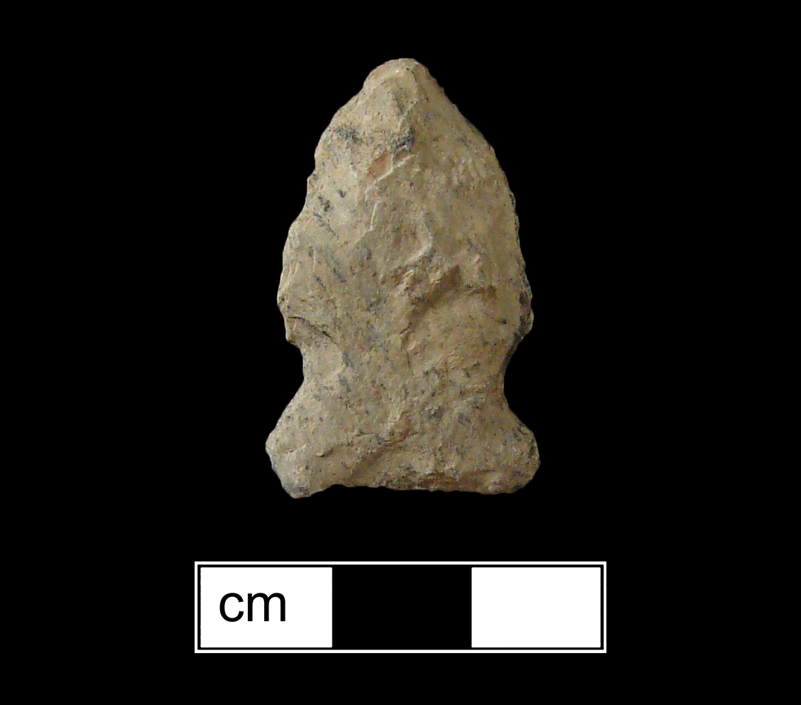 Image of stone projectile point made of Rhyolite, Side-Notched shape, with a Expanding stem, Excurvate blade, and Concave base shape. Brewerton Side Notched type.