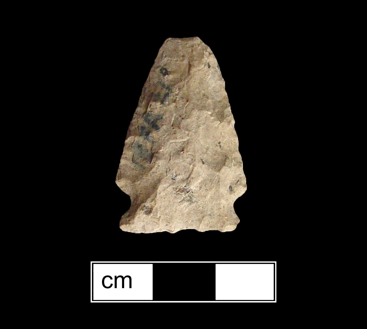 Image of stone projectile point made of Rhyolite, Side-Notched shape, with a Expanding stem, Straight blade, and Straight base shape. Brewerton Side Notched type.