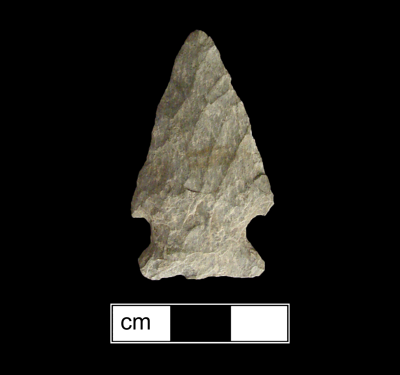 Image of stone projectile point made of Rhyolite, Side-Notched shape, with a Expanding stem, Straight blade, and Straight base shape. Brewerton Side Notched type.