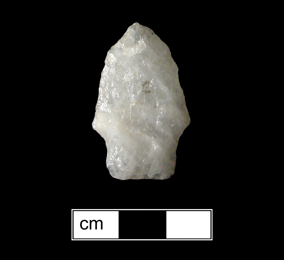 Image of stone projectile point made of Quartz, Stemmed shape, with a Straight stem, Excurvate blade, and Straight base shape. Calvert type.