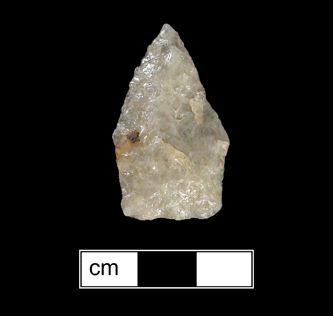 Image of stone projectile point made of Quartz, Stemmed shape, with a Straight stem, Straight blade, and Straight base shape. Calvert type.