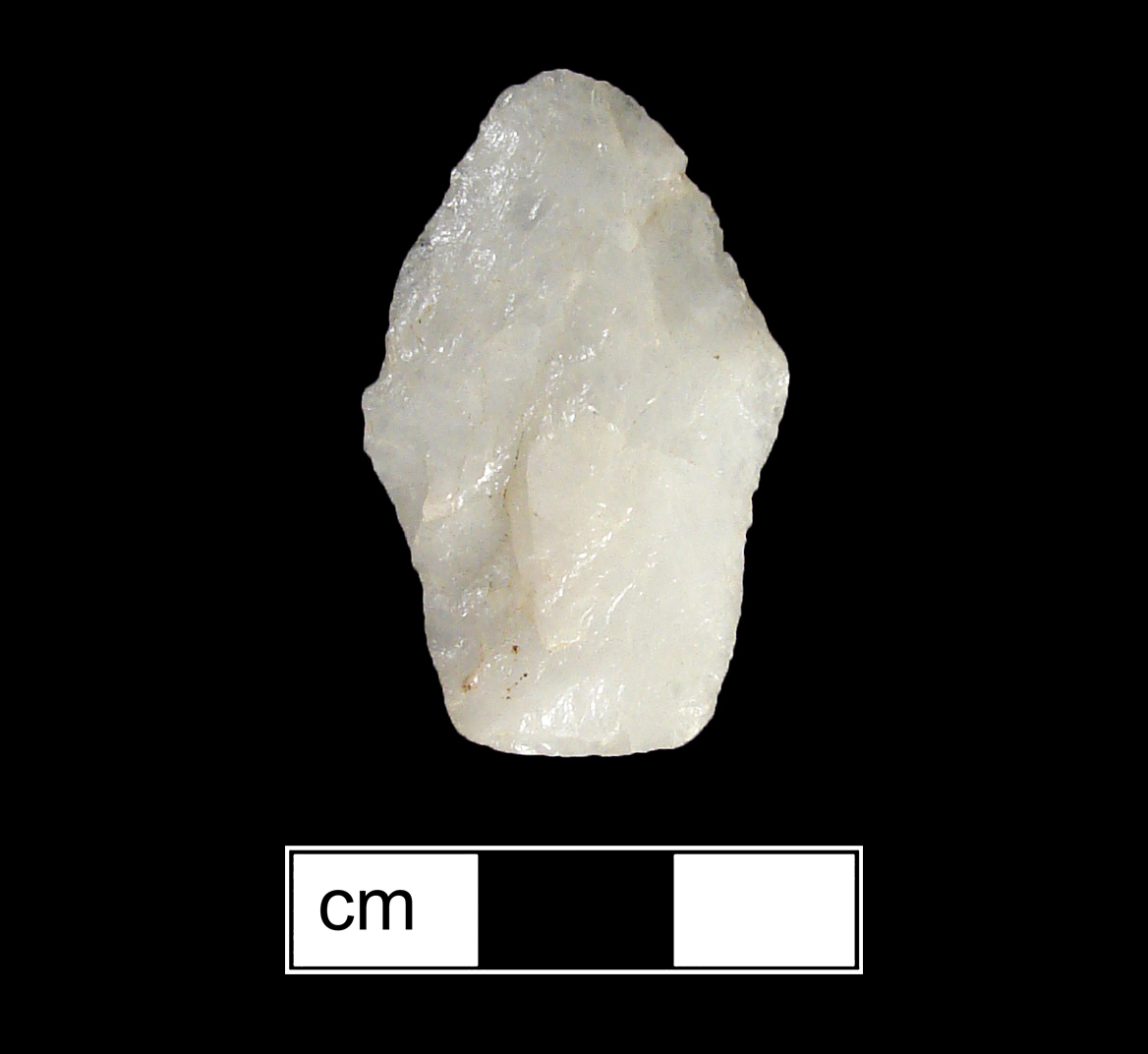 Image of stone projectile point made of Quartz, Stemmed shape, with a Contracting stem, Excurvate blade, and Straight base shape. Calvert type.