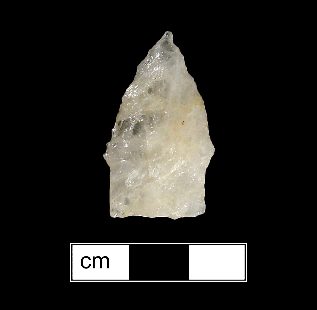 Image of stone projectile point made of Quartz, Stemmed shape, with a Straight stem, Straight blade, and Straight base shape. Calvert type.