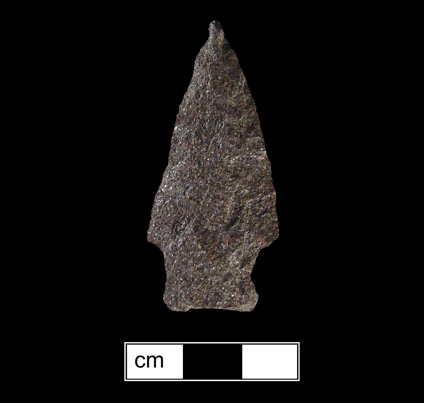 Image of stone projectile point made of Quartzite, Stemmed shape, with a Straight stem, Straight blade, and Concave base shape. Clagett type.