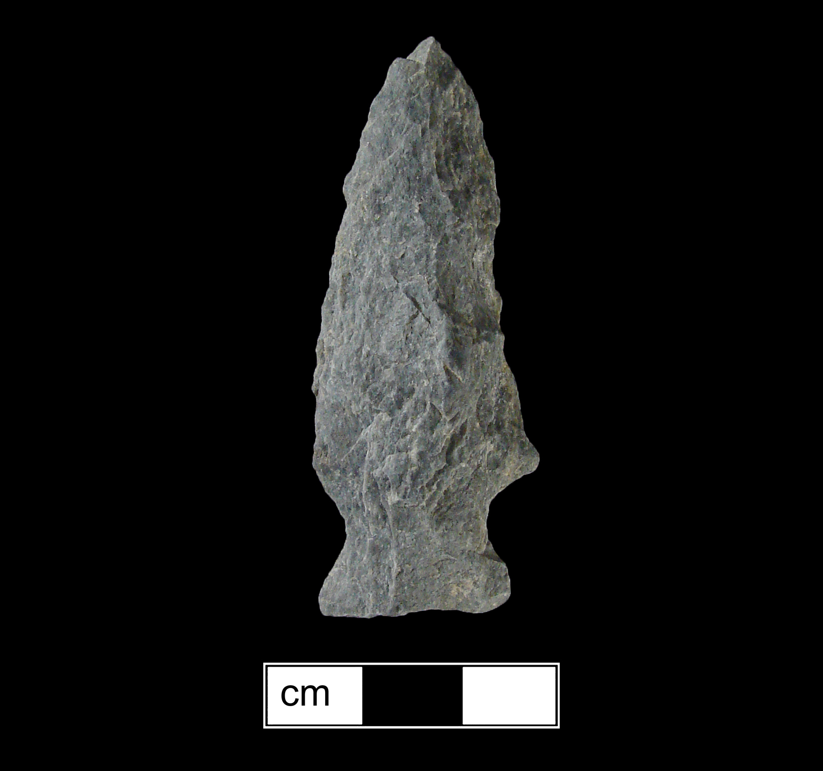 Image of stone projectile point made of Rhyolite, Stemmed shape, with a Expanding stem, Excurvate blade, and Concave base shape. Clagett type.