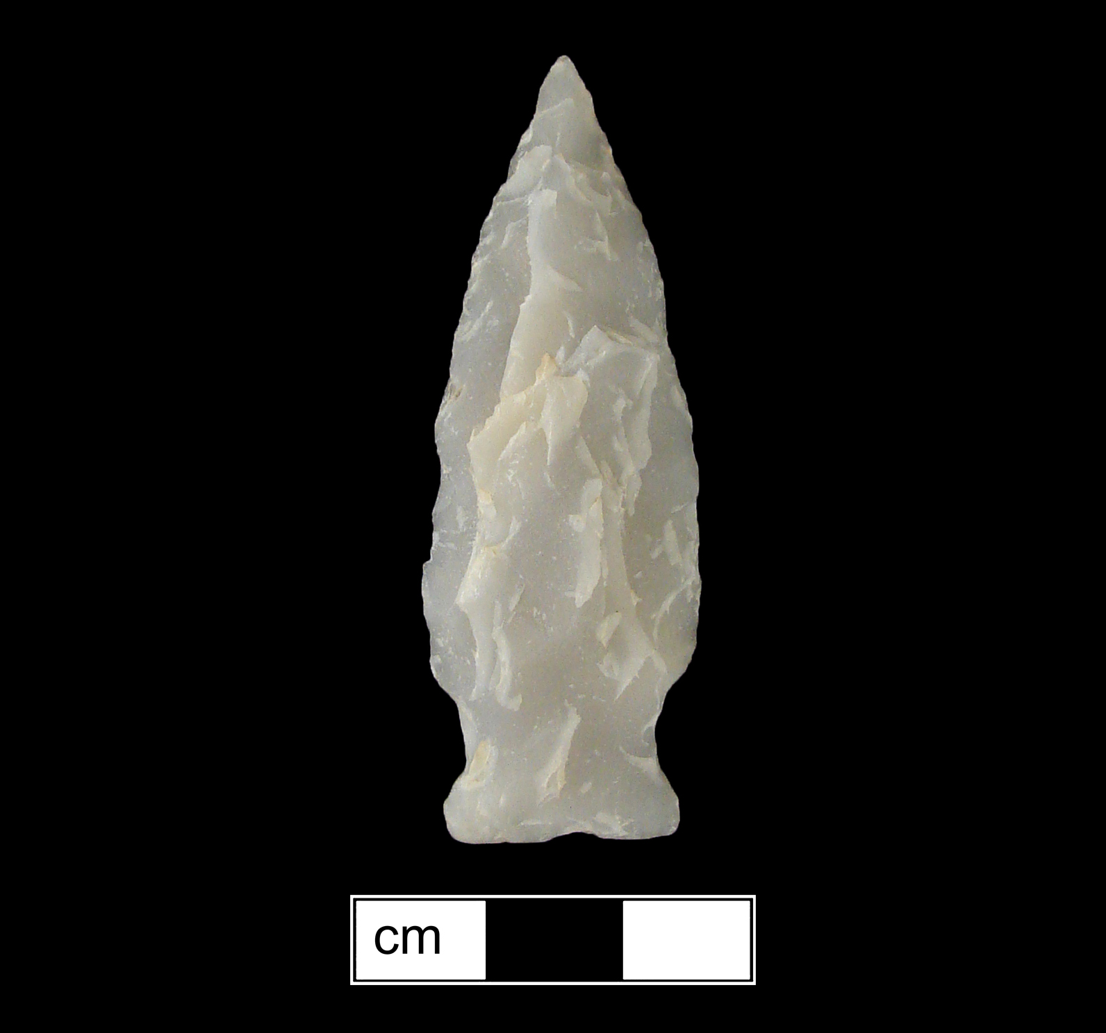 Image of stone projectile point made of Mylonite, Stemmed shape, with a Expanding stem, Excurvate blade, and Concave base shape. Clagett type.