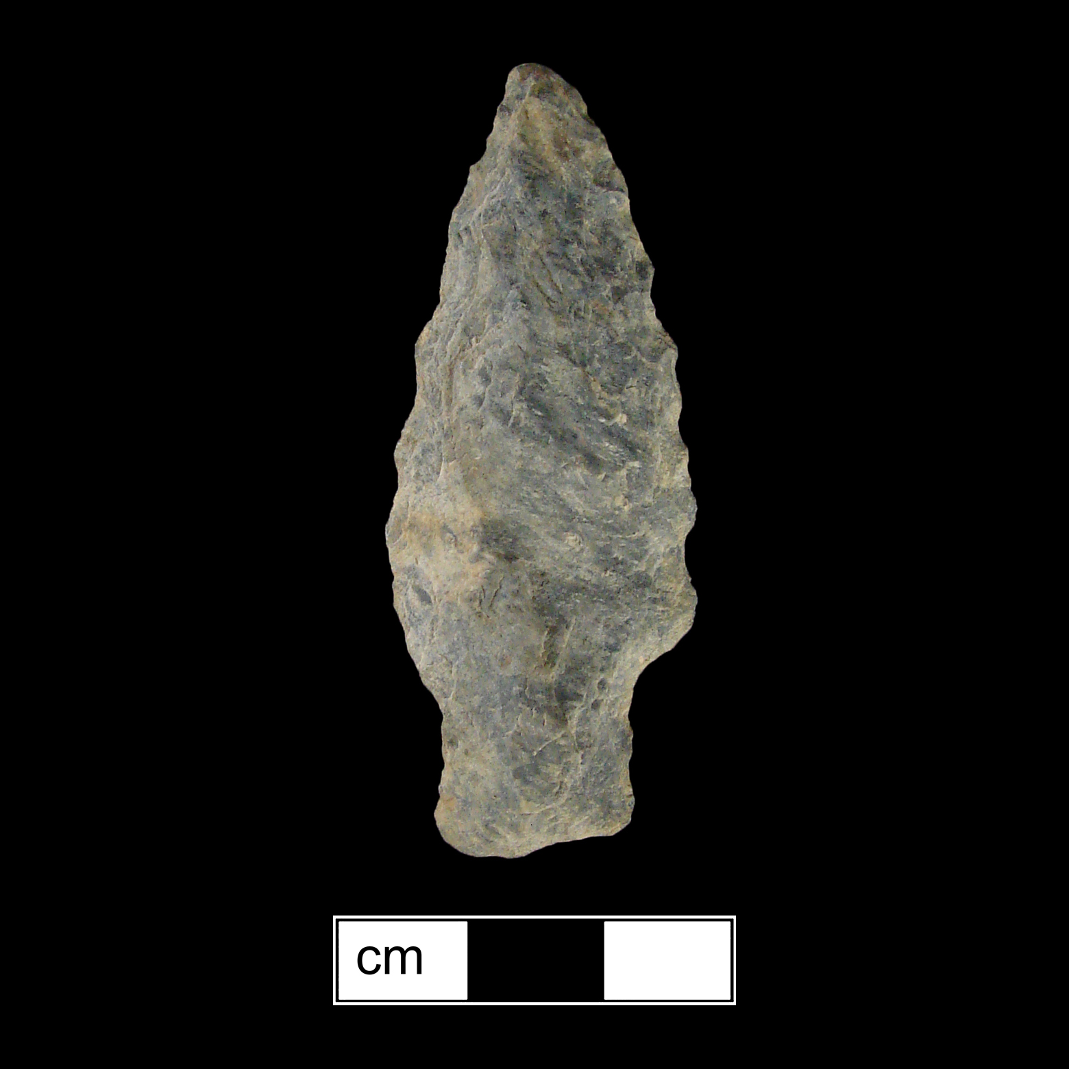 Image of stone projectile point made of Rhyolite, Stemmed shape, with a Straight stem, Excurvate blade, and Convex base shape. Clagett type.