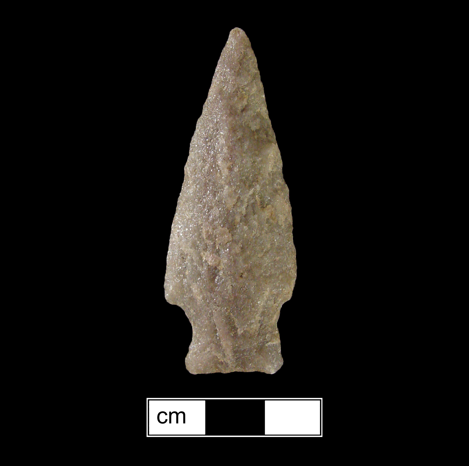 Image of stone projectile point made of Quartzite, Stemmed shape, with a Expanding stem, Straight blade, and Straight base shape. Clagett type.
