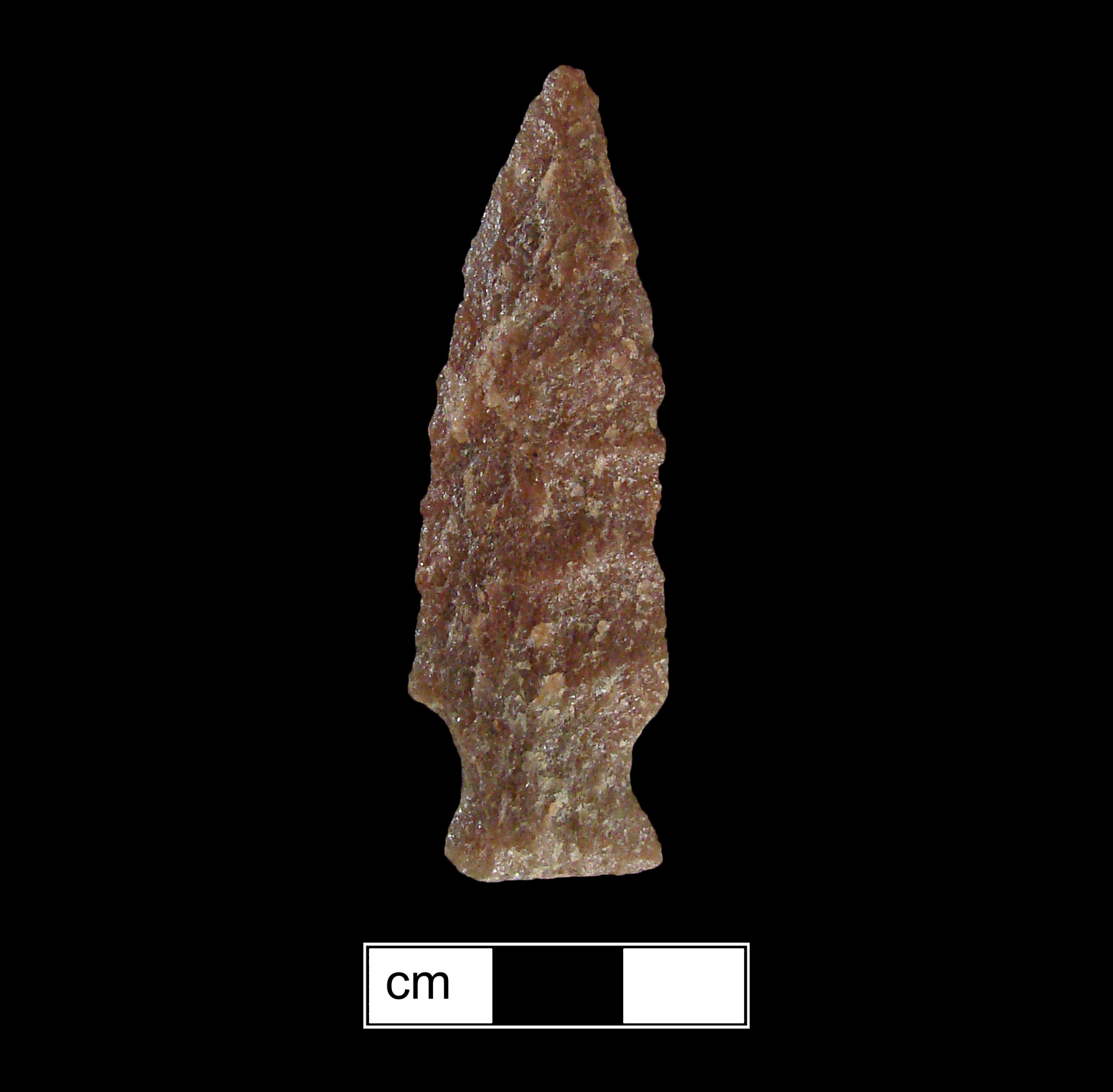 Image of stone projectile point made of Quartzite, Stemmed shape, with a Expanding stem, Excurvate blade, and Straight base shape. Clagett type.