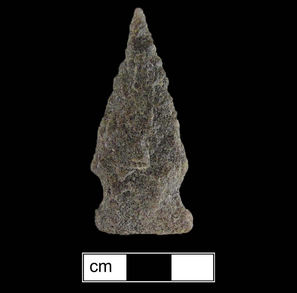 Image of stone projectile point made of Quartzite, Stemmed shape, with a Expanding stem, Straight blade, and Straight base shape. Clagett type.