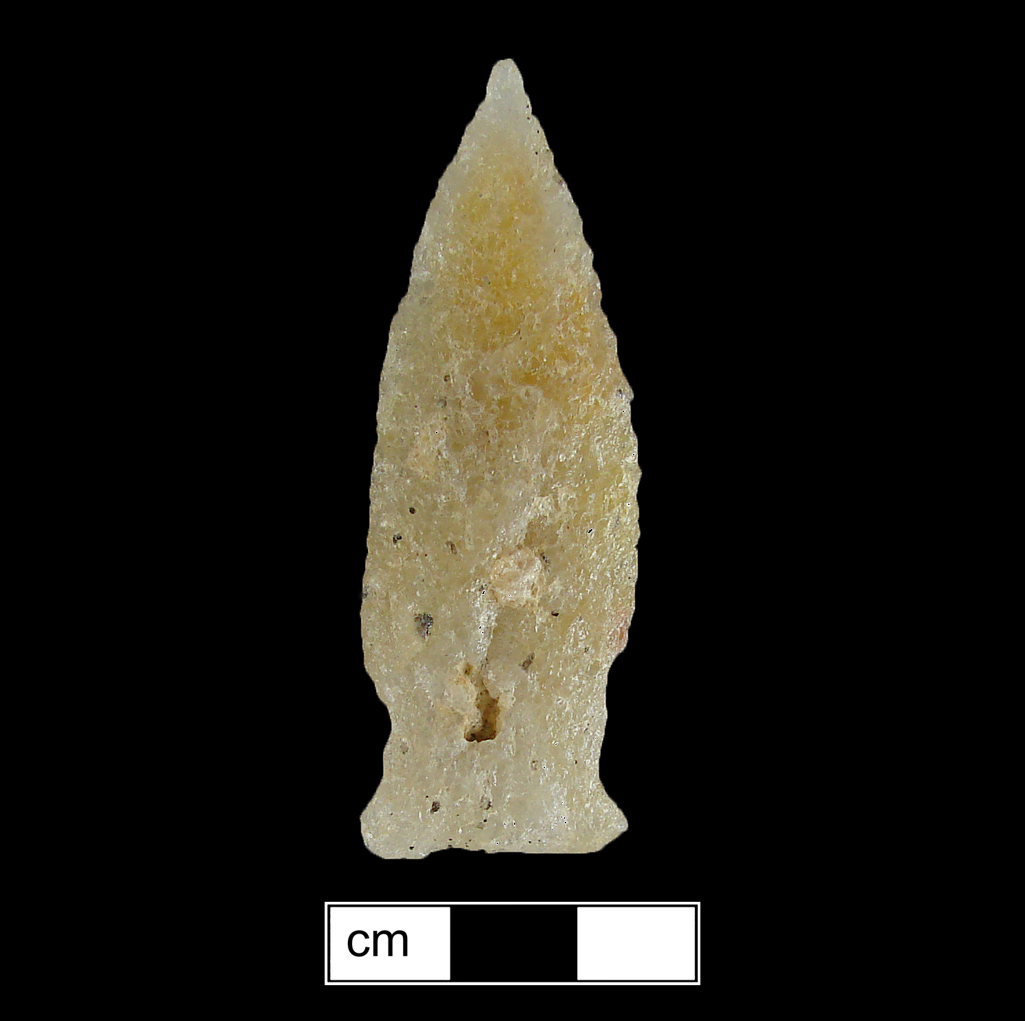 Image of stone projectile point made of Quartzite, Stemmed shape, with a Expanding stem, Excurvate blade, and Straight base shape. Clagett type.