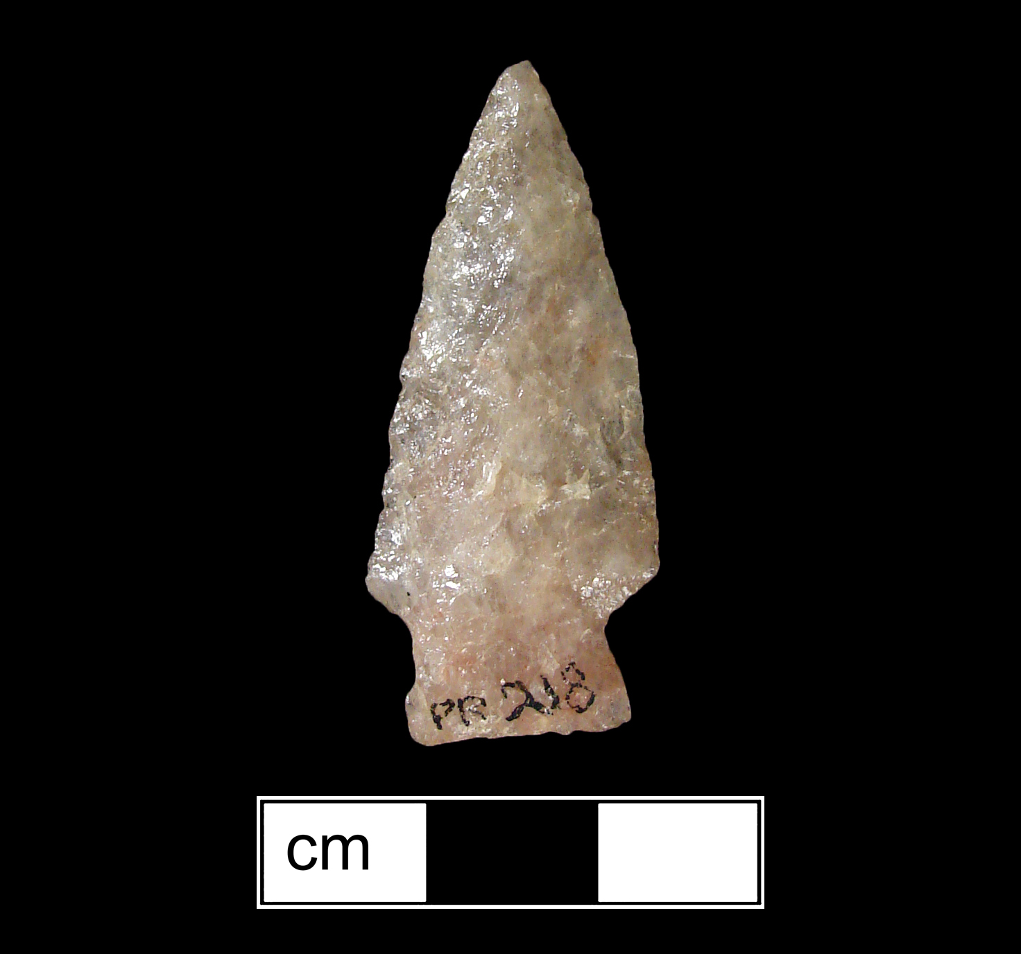Image of stone projectile point made of Quartz, Stemmed shape, with a Expanding stem, Excurvate blade, and Straight base shape. Clagett type.