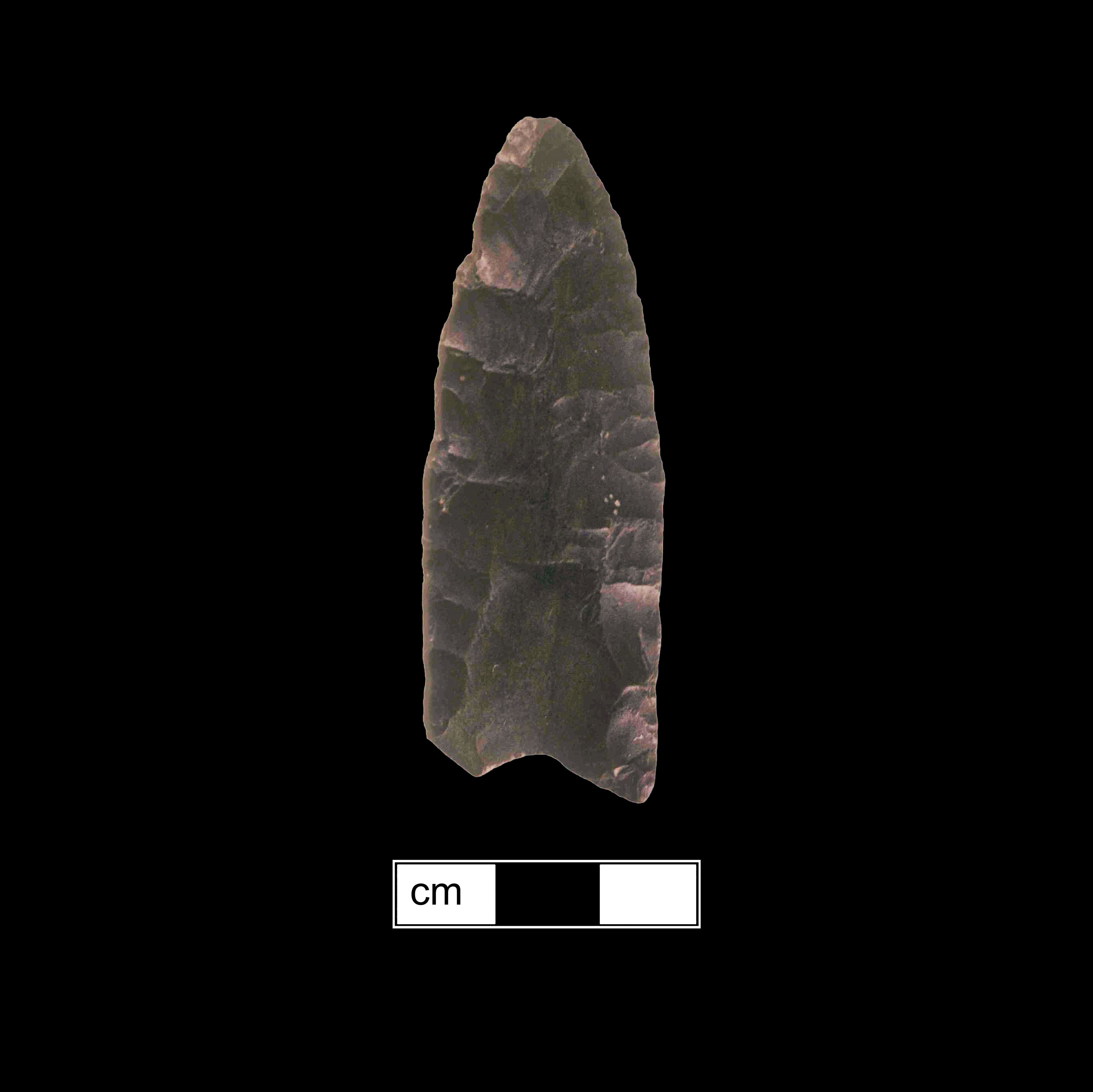 Image of stone projectile point made of Chert, Lanceolate shape, with a N/A stem, Straight blade, and Concave base shape. Clovis type.