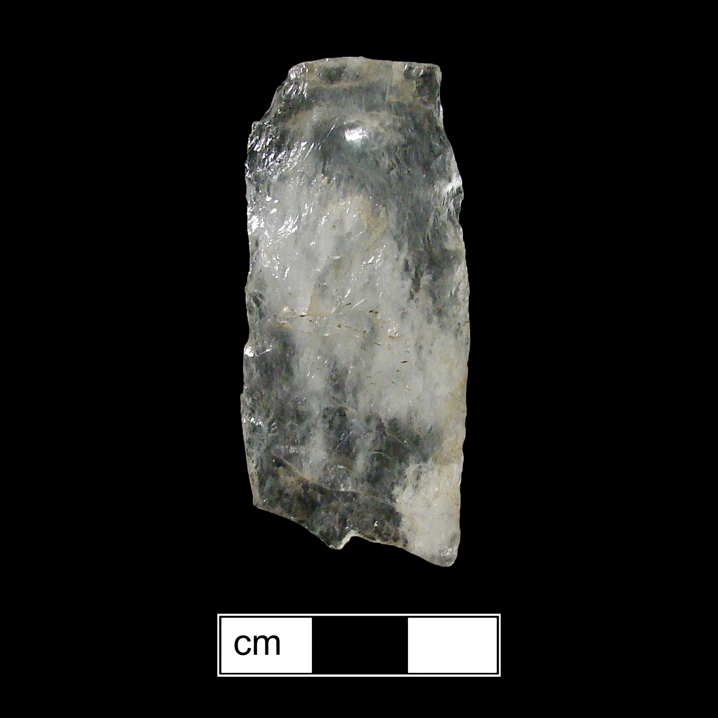 Image of stone projectile point made of Quartz, Lanceolate shape, with a N/A stem, Straight blade, and Concave base shape. Clovis type.