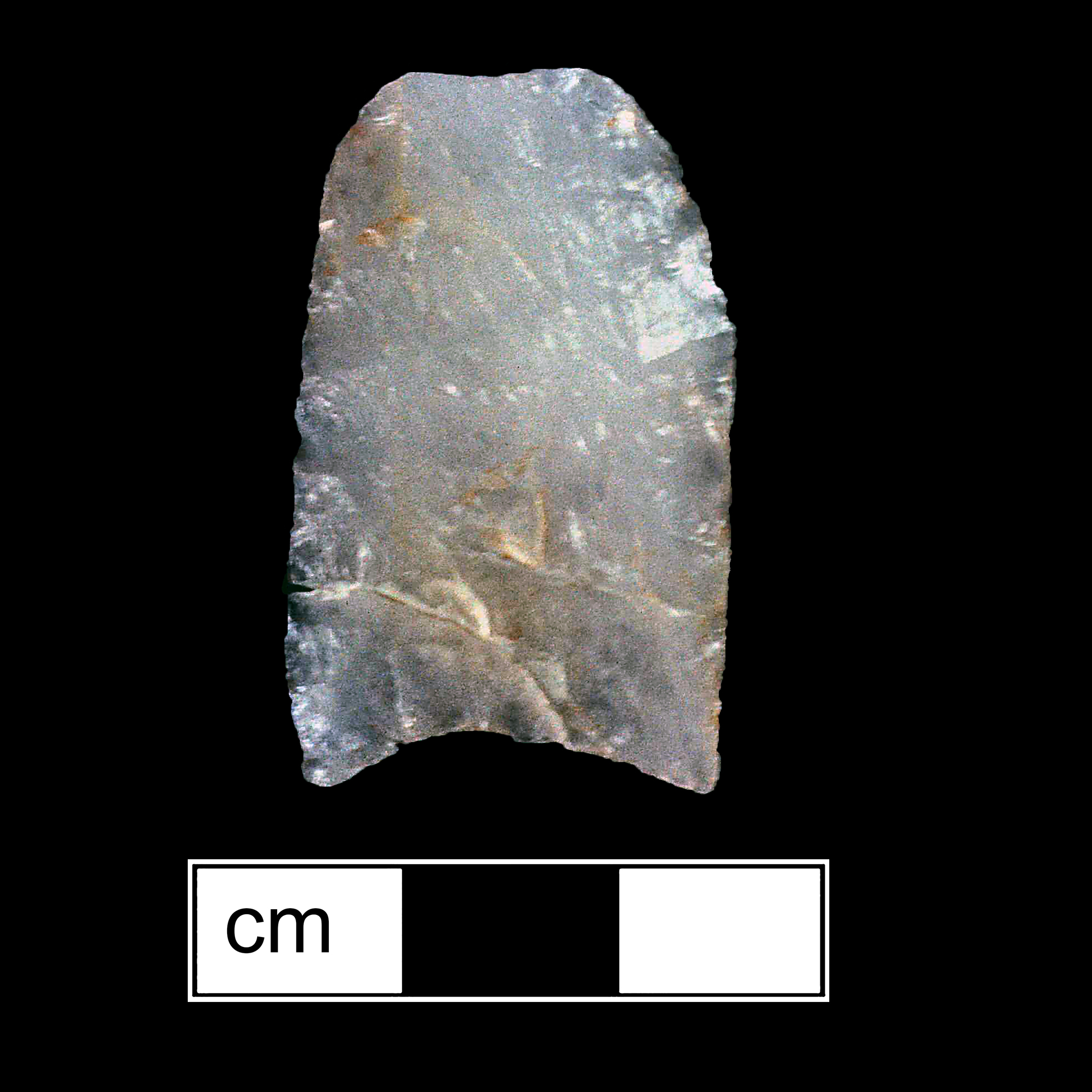 Image of stone projectile point made of Quartz, Lanceolate shape, with a N/A stem, Straight blade, and Concave base shape. Clovis type.