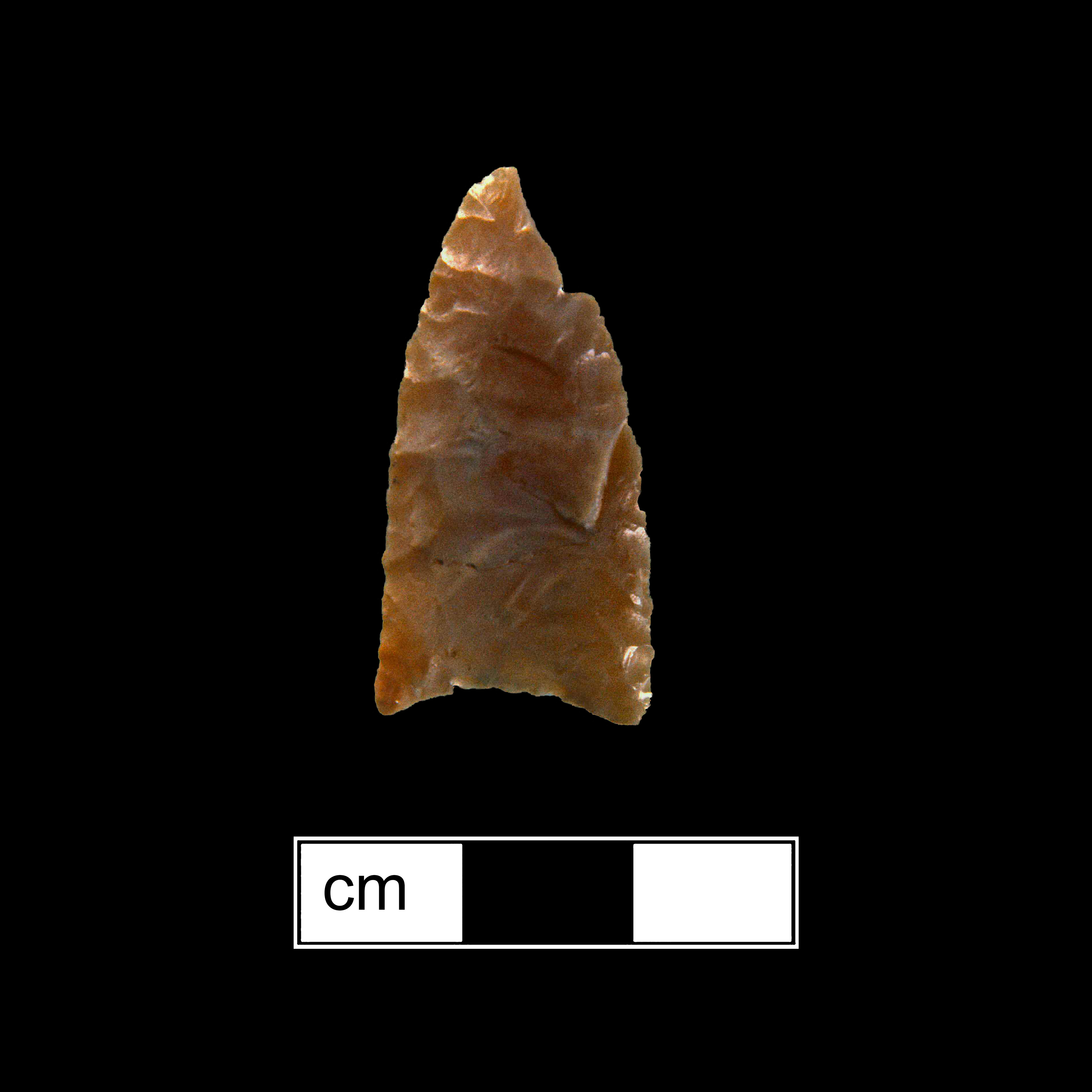 Image of stone projectile point made of Jasper, Lanceolate shape, with a N/A stem, Straight blade, and Concave base shape. Clovis type.