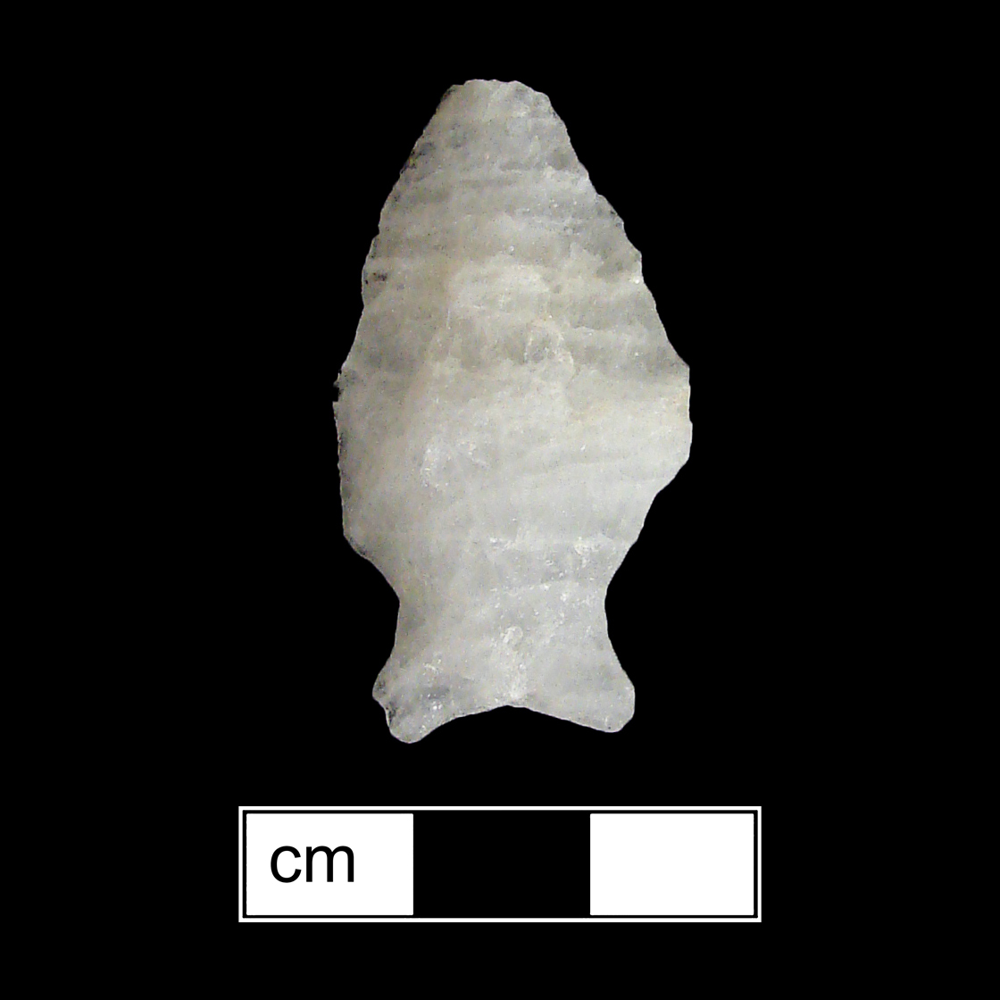 Image of stone projectile point made of Quartz, Stemmed shape, with a Expanding stem, Excurvate blade, and Concave base shape. Fishtail type.
