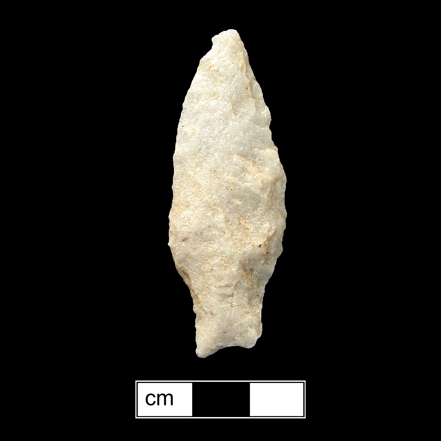 Image of stone projectile point made of Quartzite, Stemmed shape, with a Straight stem, Excurvate blade, and Concave base shape. Fishtail type.