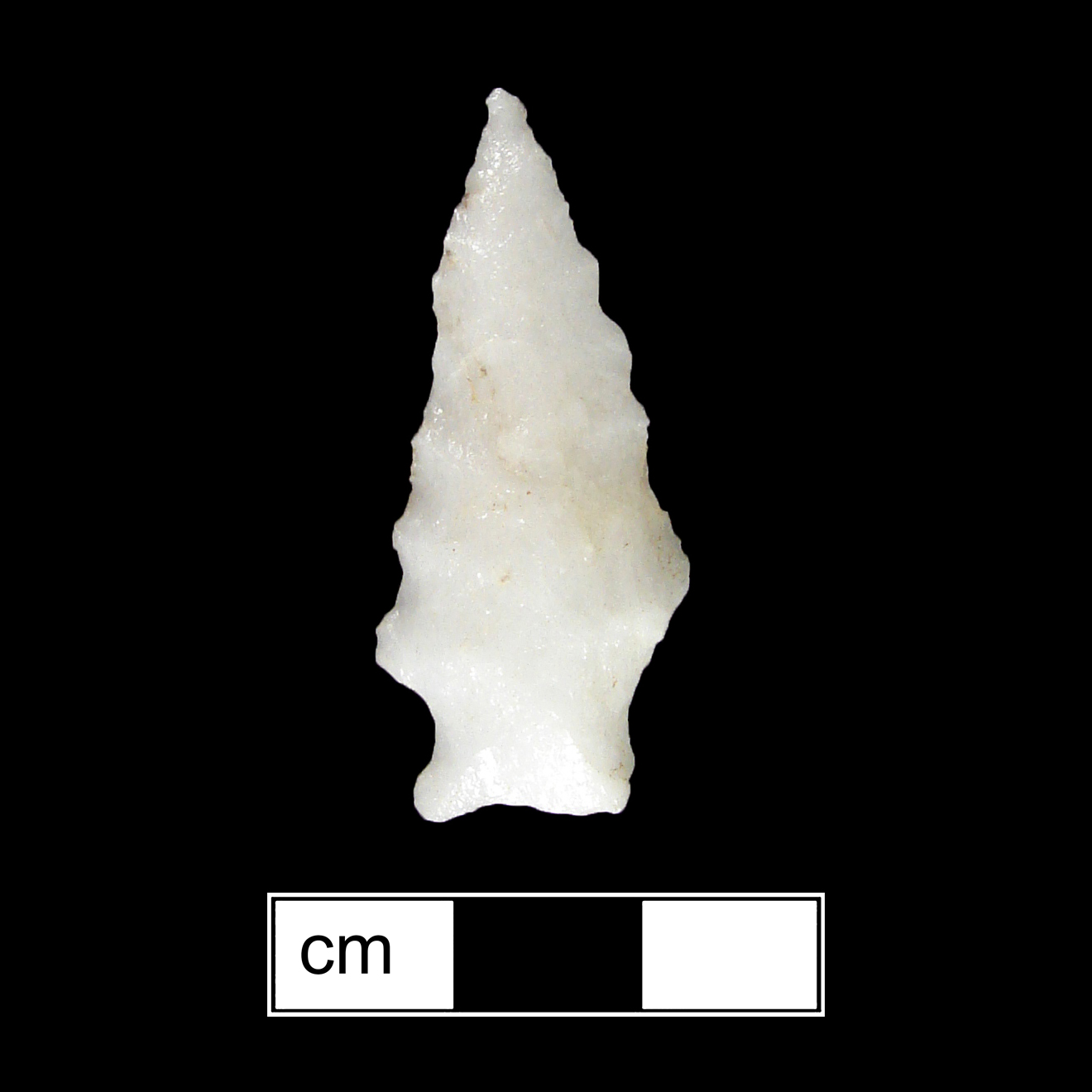 Image of stone projectile point made of Quartz, Stemmed shape, with a Expanding stem, Serrated blade, and Concave base shape. Fishtail type.