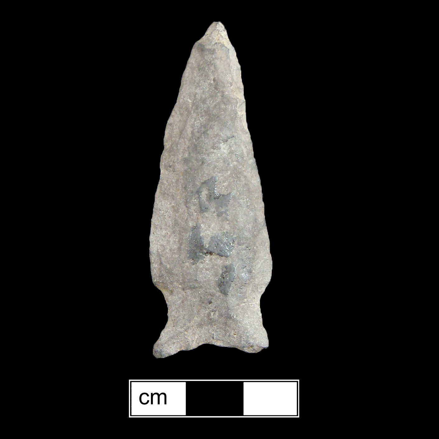 Image of stone projectile point made of Rhyolite, Stemmed shape, with a Expanding stem, Excurvate blade, and Concave base shape. Fishtail type.