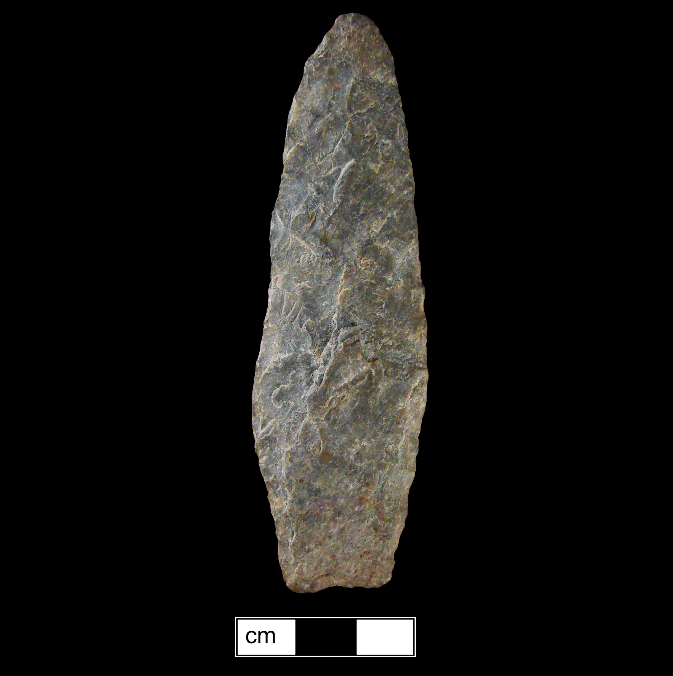 Image of stone projectile point made of Rhyolite, Lanceolate shape, with a contracting stem, Excurvate blade, and Straight base shape. Guilford type.