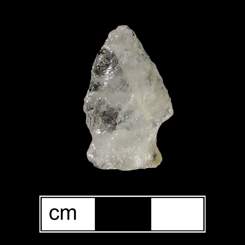 Image of stone projectile point made of Quartz, Side-Notched shape, with a Expanding stem, Straight blade, and Straight base shape. Halifax type.