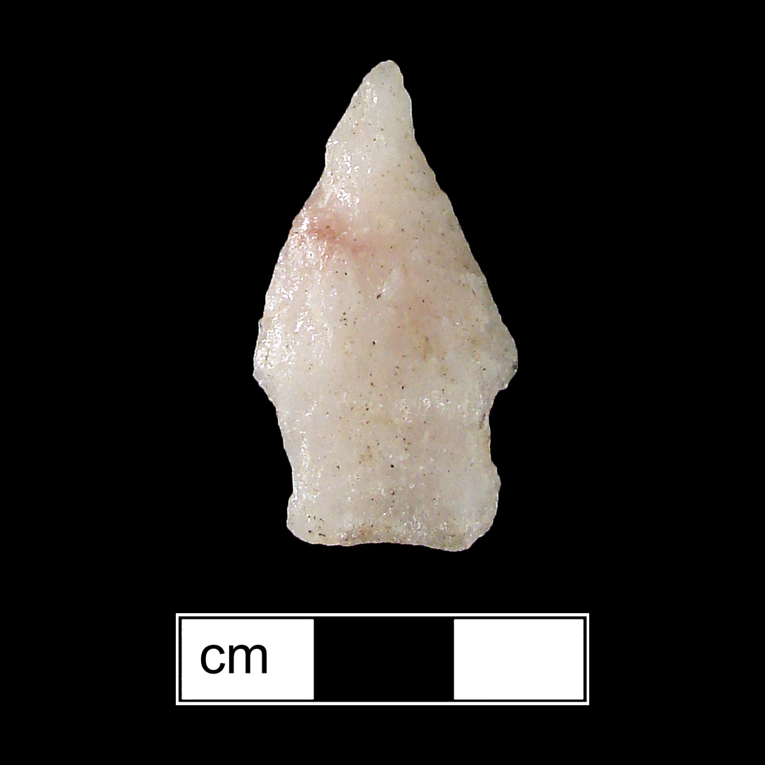 Image of stone projectile point made of Quartz, Side-Notched shape, with a Straight stem, Straight blade, and Concave base shape. Halifax type.